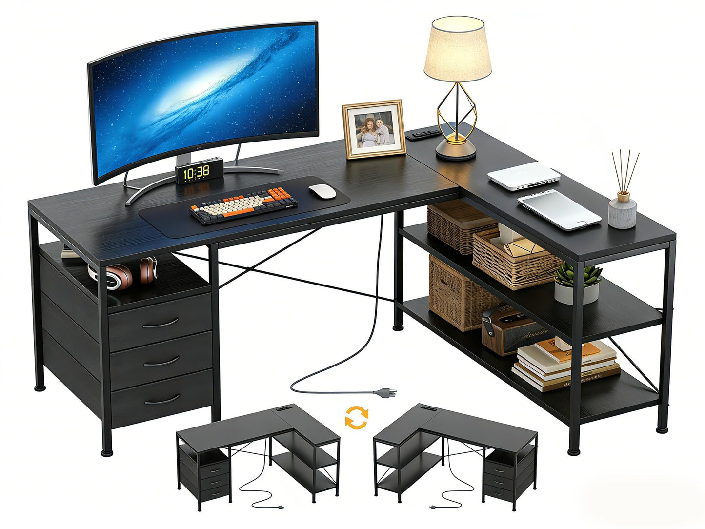 Alpen Computer Desk with Drawers, L Shaped Desk for Bedroom with Power Outlets, Gaming Table with 3 Drawers and Shelves, Corner Desk for Gaming, Study Writing PC Table, 47 Inch, Black