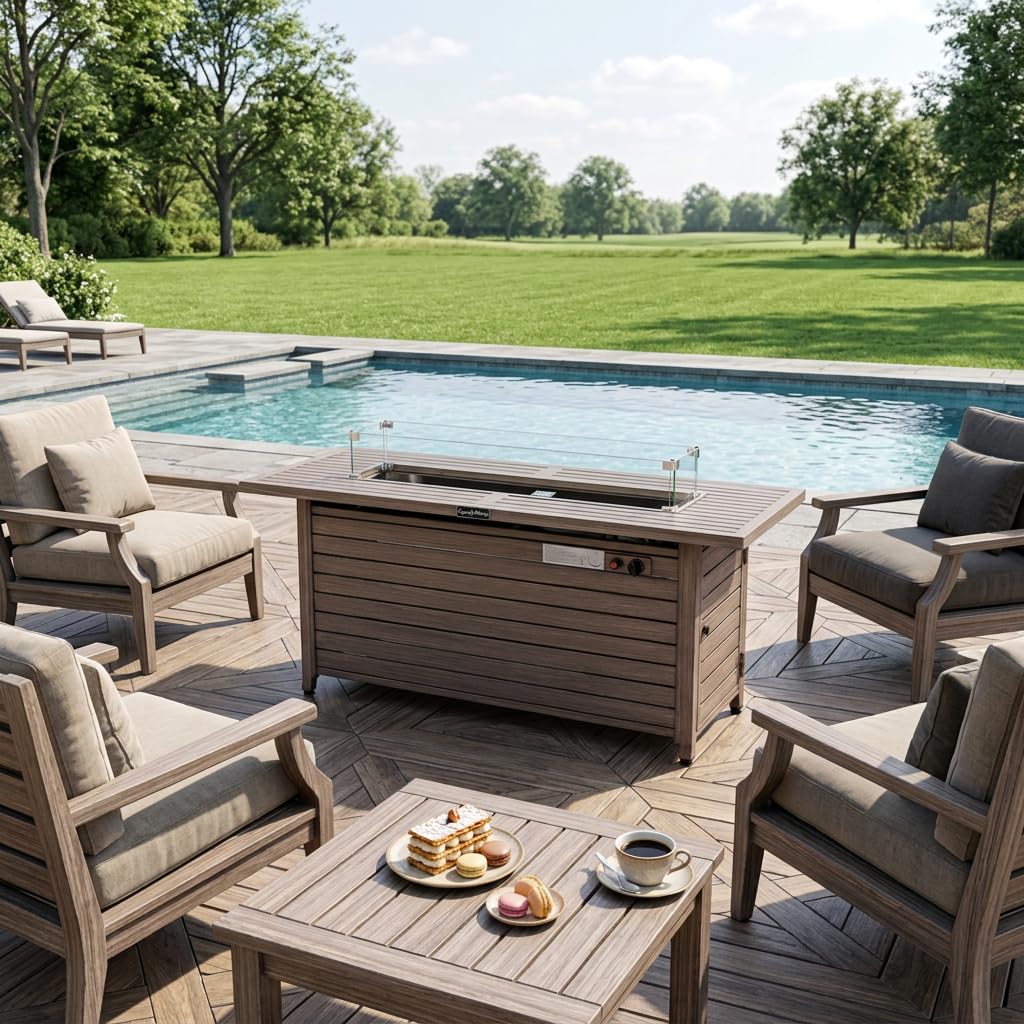 57 Inch 50000BTU Fire Table with Glass Wind Guard, with Cover and Table Lid, Nature Wood Coating