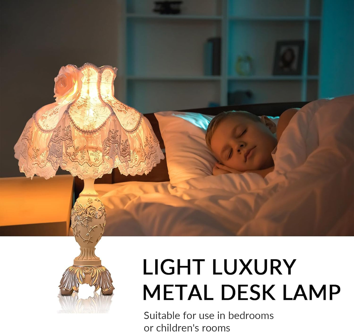 SANDYHA Pink European Style Desk Lamp with Fabric Shade,Victorian Table Lamp with E27 Bulb and Button Switch European Vintage Lamps for Bedroom Living Room Office Study