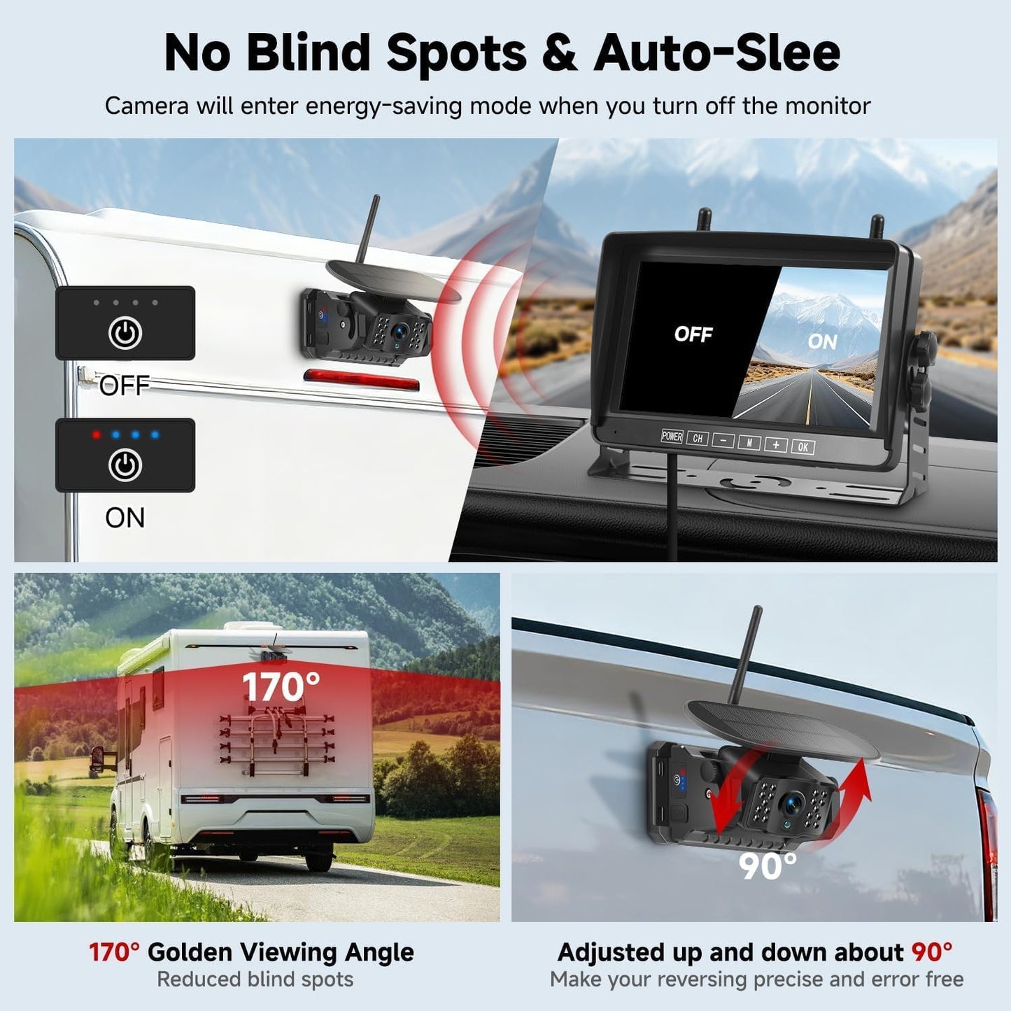 Venluna Dual Wireless Magnetic Backup Camera for Trailer - 7” 1080P HD 4CH Monitor with Solar 15000mAh Rechargeable Night Vision Rear Camera, DVR Loop Recording Waterproof No Delay for Truck,RV,Camper