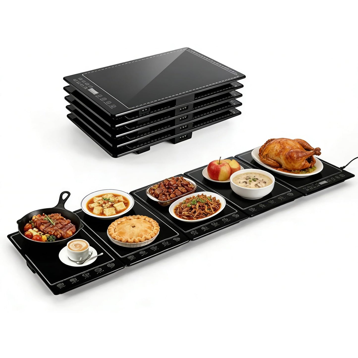 Electric Warming Tray,5-in-1 Modular Electric Food Warmers w/ 10 Heat Settings and 12H Timer,41"x 15" Warming Mat for Food, Built-in Thermostat and Surface Heating, Warming Tray for Buffet, Gatherings