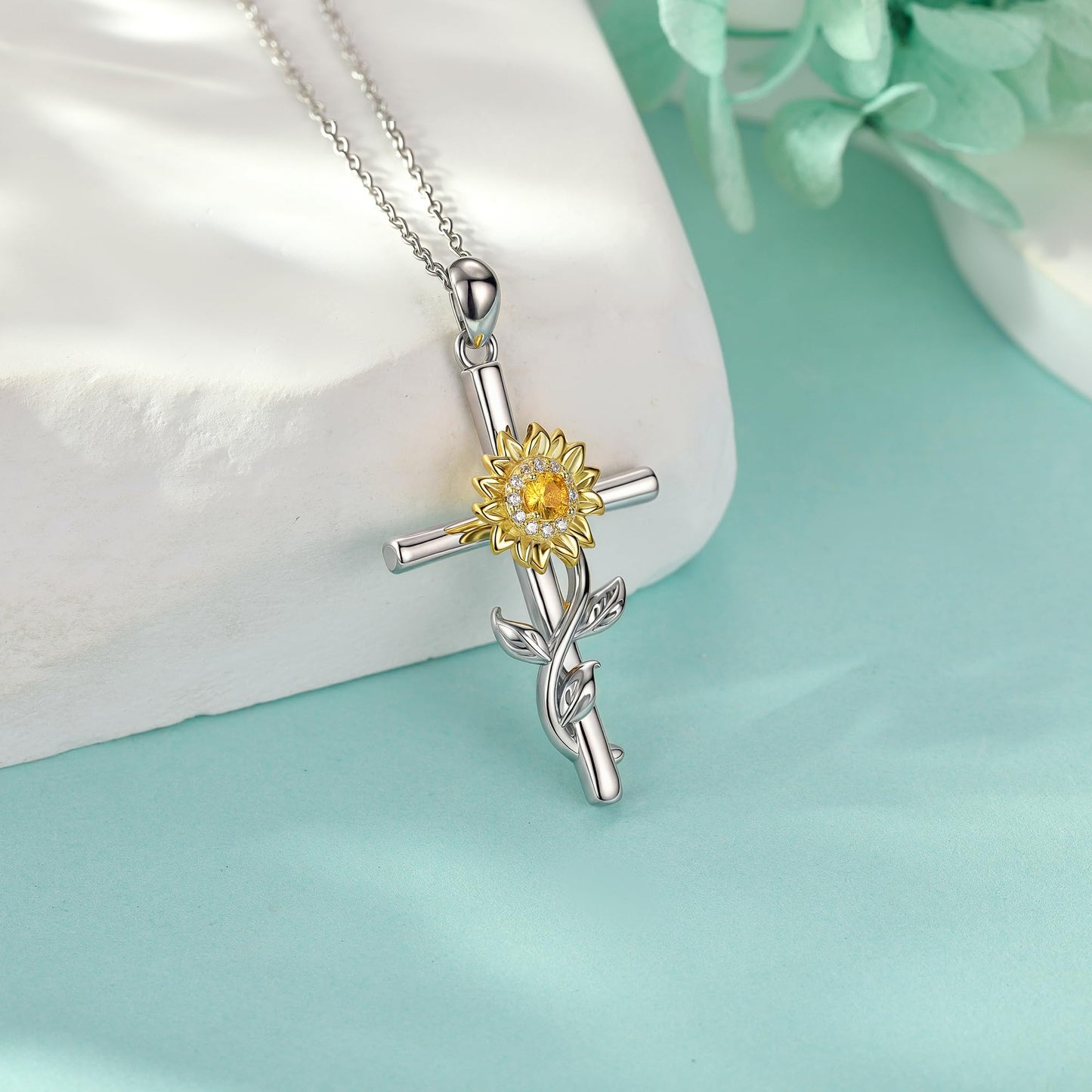 SNOWELLE Cross Sunflower Necklace for Women 925 Sterling Silver Dainty Sunshine Pendant Jewelry Gifts for Women