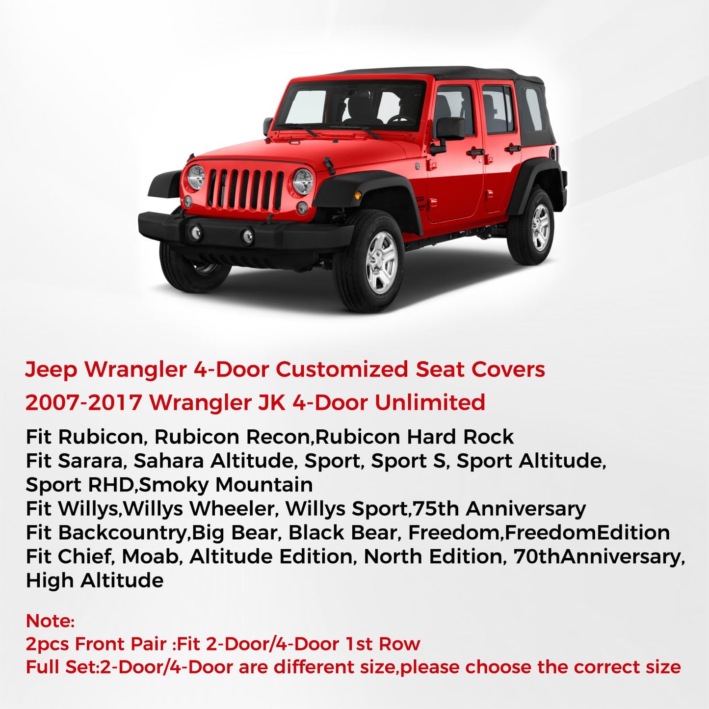 Huidasource Wrangler JK Seat Cover 4 Door, Waterproof Leather Custom Car Seat Cover, Front&Rear Seat Cushion Protector Fit for Jeep Wrangler JK 4-Door Sahara Sport Rubicon 2007-2017(Full Set/Black)