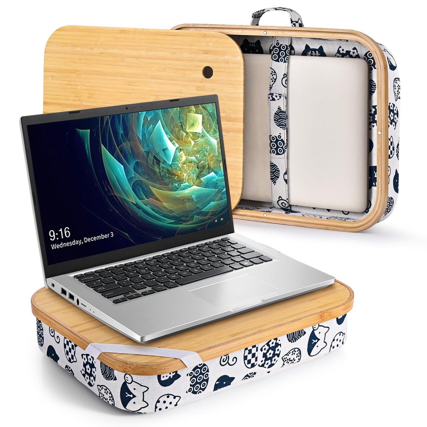 Mayjoy Bamboo Lap Desk with Storage, Cover Removable Lap Desk for Lap, Computer Laptop Stand on Lap, Work on Bed or Couch, Write or Draw on Your Lap (White Kitten)