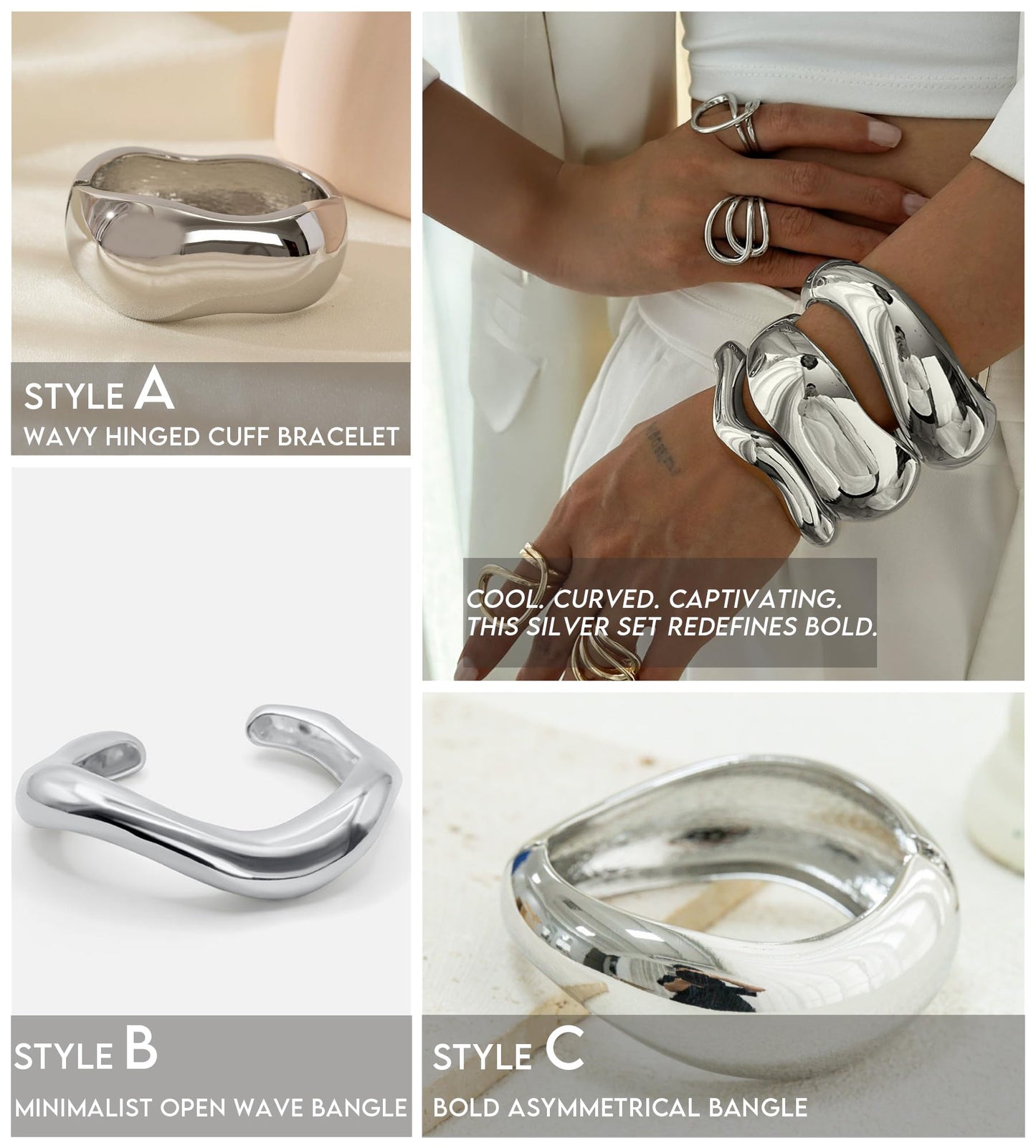 ALEXTINA Chunky Silver Plated Bracelets for Women Non Tarnish – Cuff Bracelet for Women Stackable – Wide Statement Bangle Bracelets, Fashion Jewelry Gifts