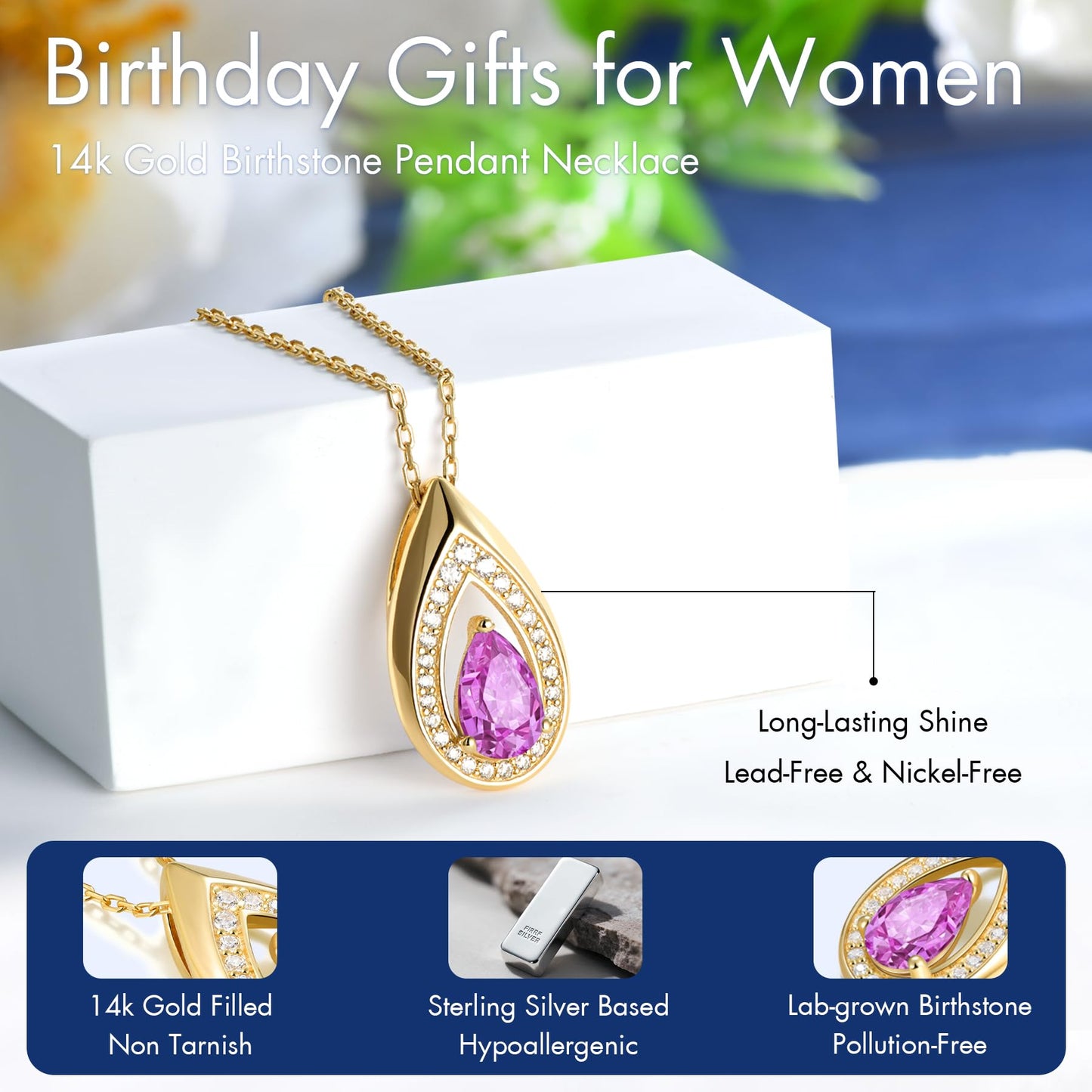 Kstyle 14k Gold Tourmaline October Birthstone Pendant Necklaces for Women Valentine's Day Birthday Gift Anniversary Jewelry for Wife Daughter Grandma Mom Sister Non Tarnish