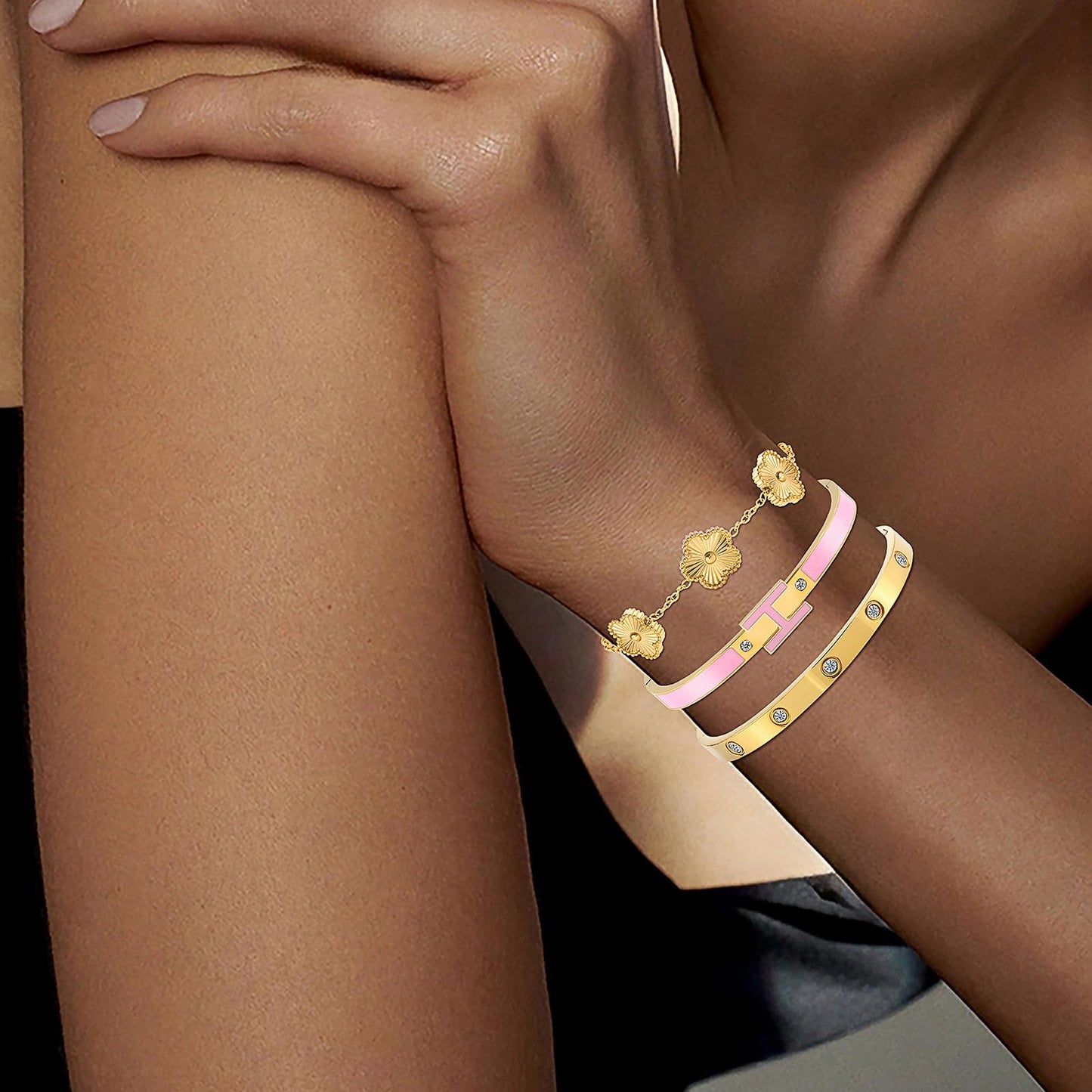 Camhanno Gold Clover Bracelets for Women - 18K Gold Plated Stainless Steel Dainty H Bangle Bracelets| Daily & Party Wear Jewelry, Easter Christmas Mothers Day Gifts