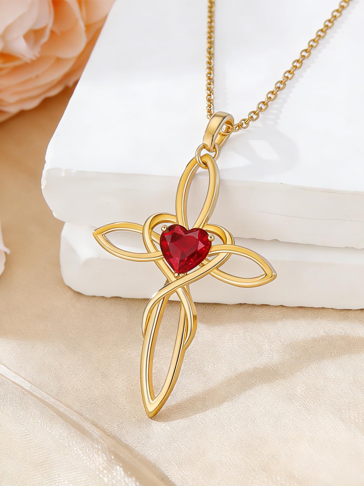 POIUY Celtic Knot Cross Birthstone Necklace for Women 14K Gold Dainty Irish Infinity Heart Pendant Cross Jewelry Anniversary Valentines Birthday Mothers Day Gifts for Mom Wife Her