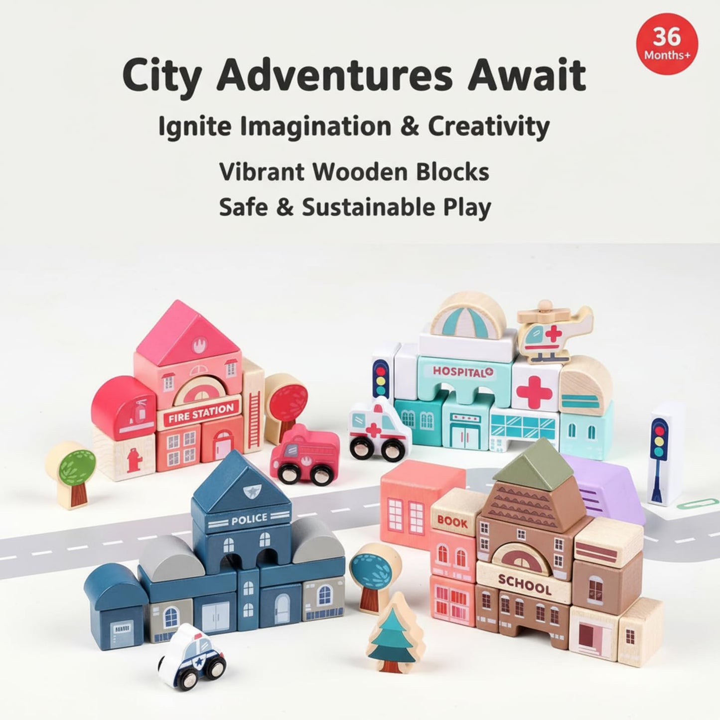 Migargle Wooden Building Blocks Set, 115 Pcs City Construction Stacker Stacking Preschool Learning Educational Toys, Toddler Toys for 3+ Year Old Boy and Girl Gifts