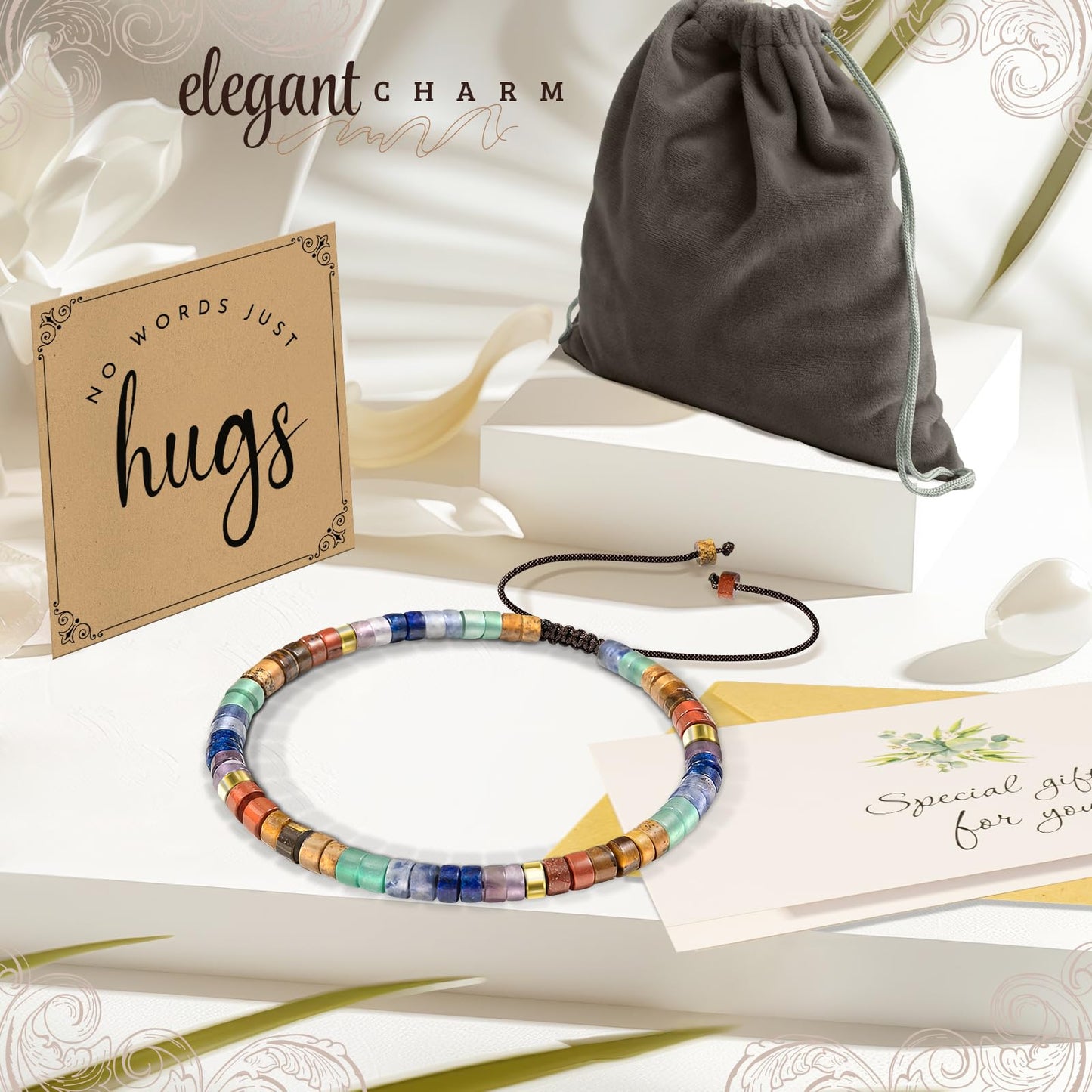 ZOKCC Cheer Up Gifts Bracelets for Women: Healing Natural Stone Bracelets with Postive Words - Inspirational Friendship Gifts for Women Friends Sister Bestie Coworker (E- HUG- RAINBOW STONE)