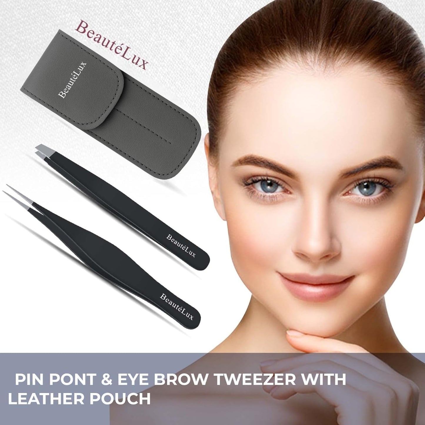 BeautéLux Precision Tweezer Set – Slant & Pointed Tip Stainless Steel Eyebrow Tweezers with Leather Pouch, Professional Hair Removal for Ingrown Hair, Chin, Splinter & Blackhead