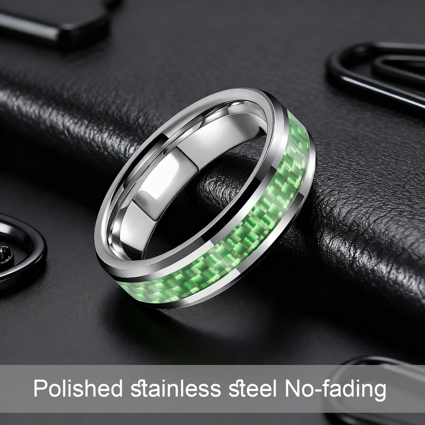 HJIMMNHONG New Carbon Fiber Fashion Rings Double Beveled Edge Delicate Polished Simple Stainless Steel Mens and Women Rings,8mm,Green,Size 7