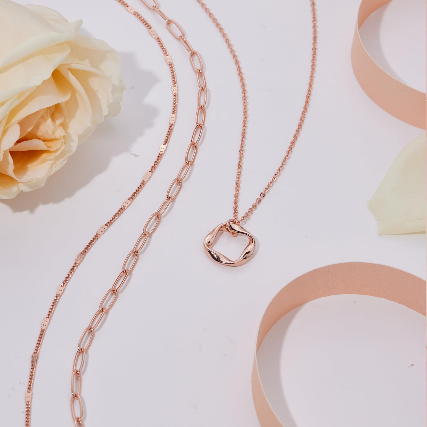 Poxtex Rose Gold Layered Necklaces for Women, Rose Gold Plated Dainty Stackable Choker Necklaces for Women, Trendy Layering Geometric Pendant Paperclip Chain Thin Necklace Jewelry Set Gifts