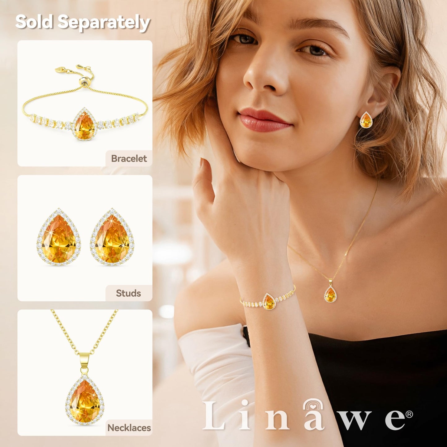 Linawe Citrine Yellow Crystal 14K Gold Chain Necklace for Women, Imitation Diamond Pendant Preppy Necklace, Cubic Zirconia Rhinestone Teardrop Boho Vintage Jewelry Set