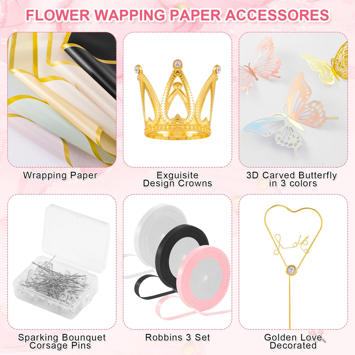 VinTS 167Pcs Floral Bouquet Wrapping Paper Waterproof Flower Wrapping Paper 66 Sheets 6 Colors with Ribbons 3D Butterfly,Golden Crowns for Valentines Florist DIY Project Bouquet Flower