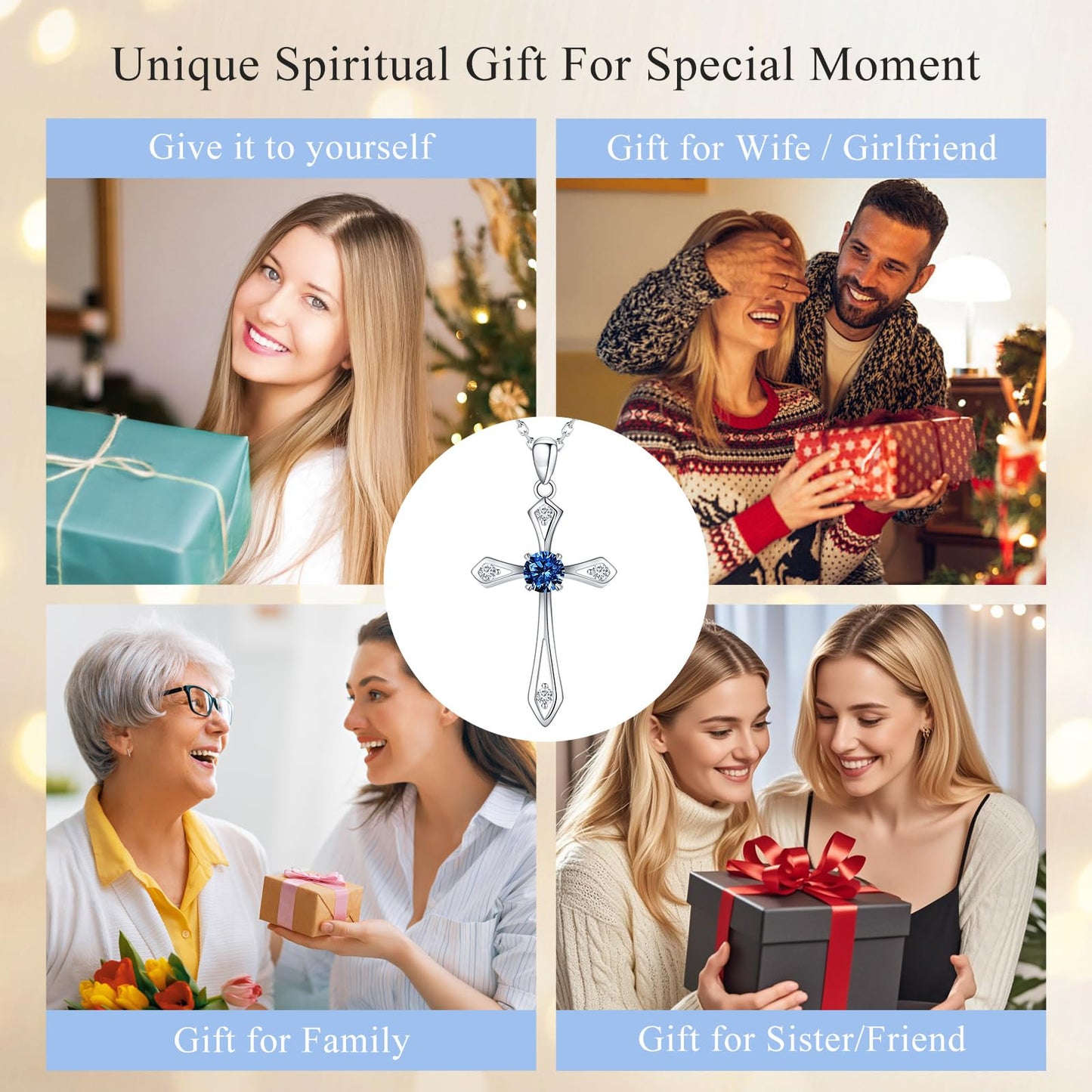 QUALISE Cross Necklace for Women,925 Sterling Silver September Birthstone Necklace Cross Pendant 5A CZ 12 Birth Months Birthstone Sapphire Jewelry Birthday Gifts for Her Wife Mom