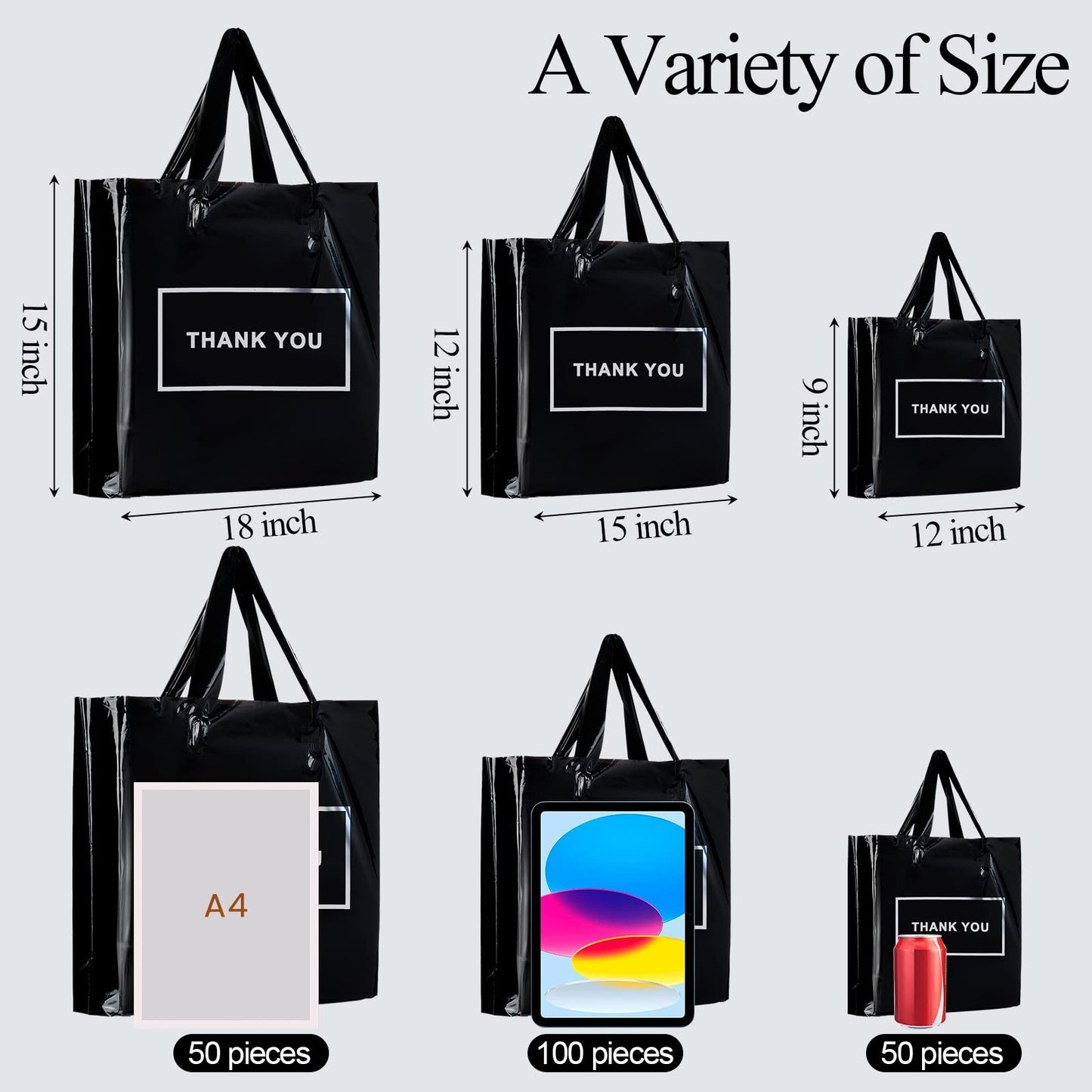 Teling 200 Pcs Thank You Plastic Bags Bulk Thank You Merchandise Bags for Wedding Business, 9 x 12'', 12 x 15'', 15 x 18''(Black)