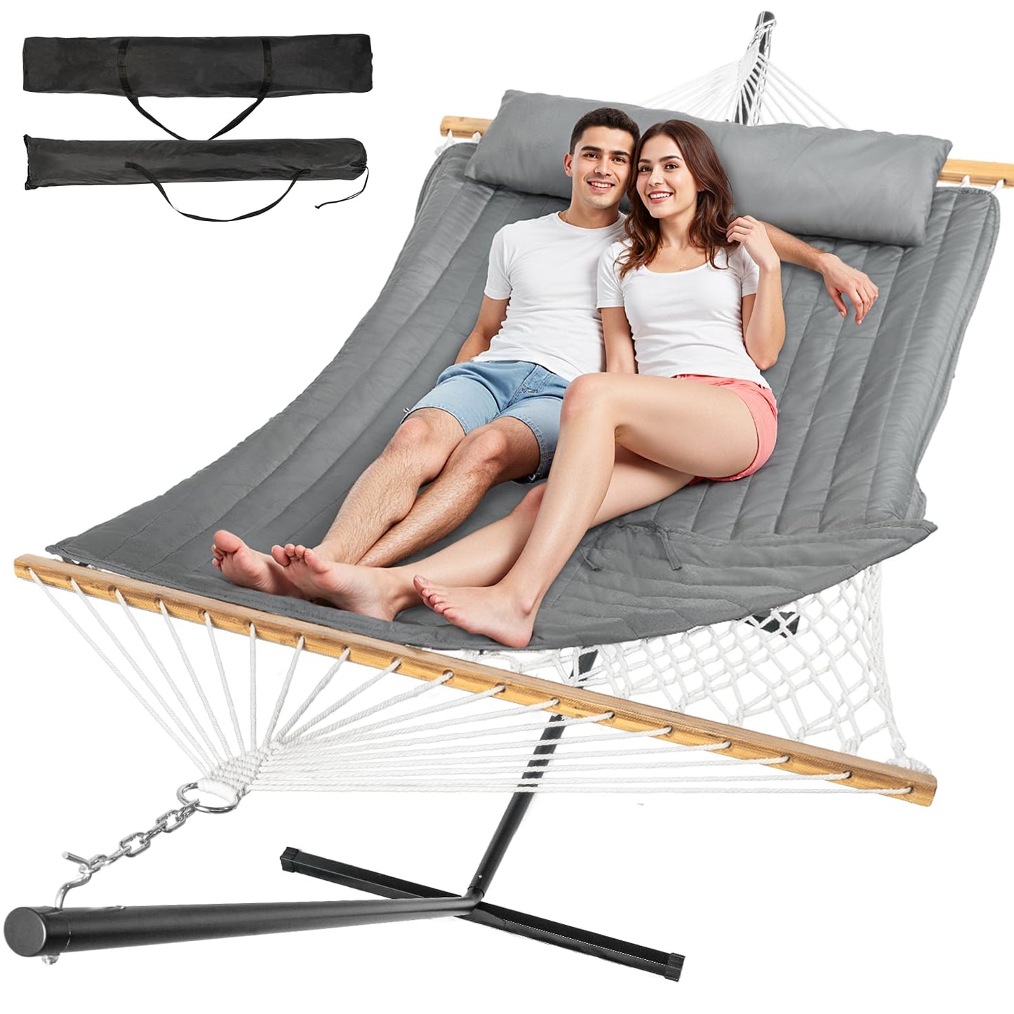 Everyfun 2 Person Outdoor Hammock with Stand, Cotton Rope Hammock with Polyester Pad, Adjustable Steel Frame, Portable with Carrying Bag – for Patio, Backyard, Garden, Beach,Dark-Gray