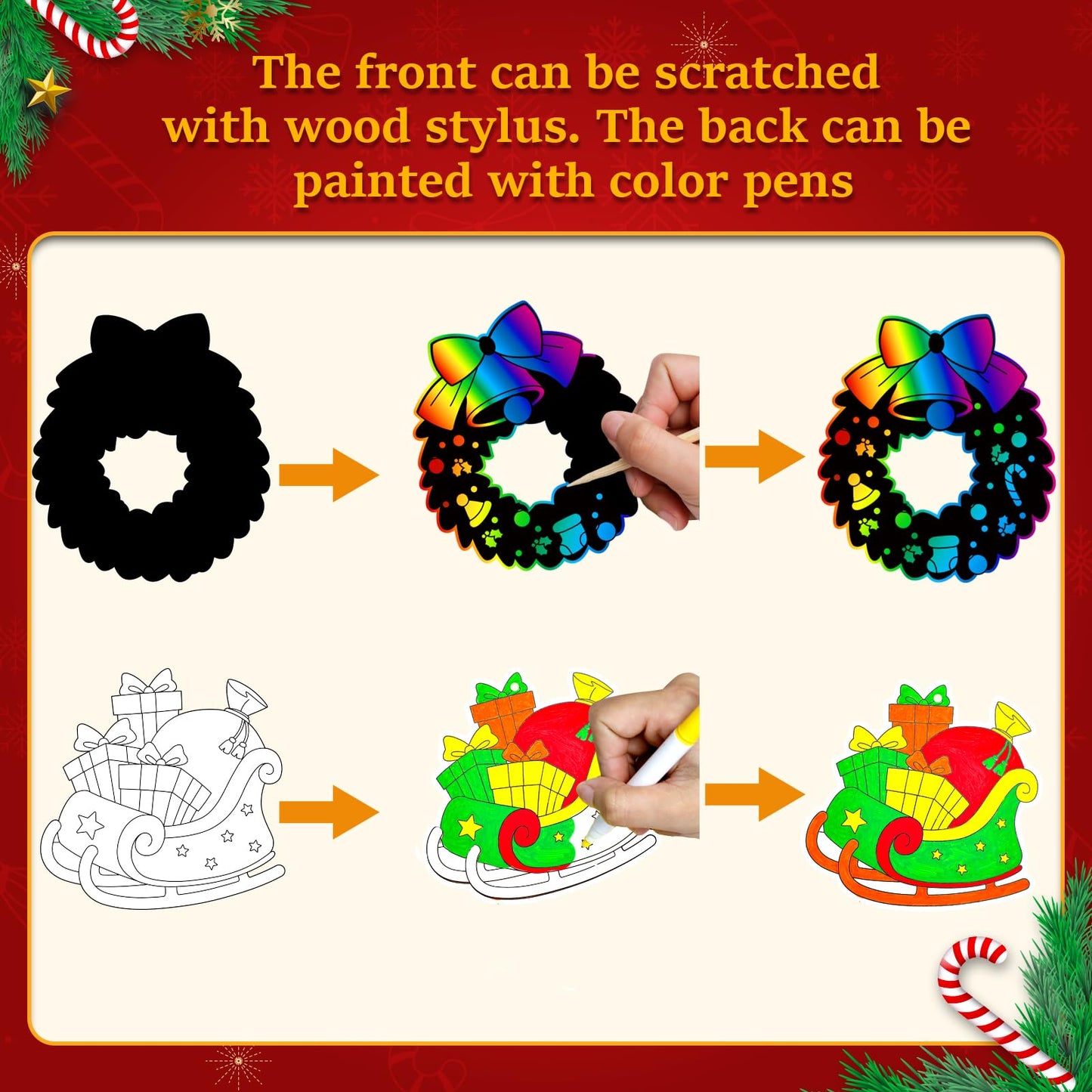 Garma 72Pcs Christmas Crafts Scratch Art for Kids, Rainbow Scratch Paper Christmas Ornaments Crafts Christmas Party Favors Toys Xmas Tree Ornaments Hanging Craft Art Kits