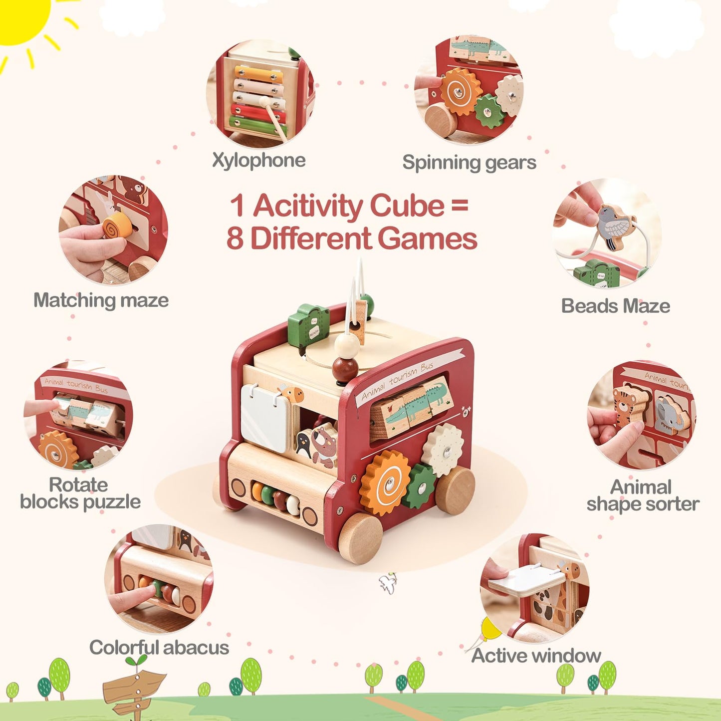 EERKEOD Wooden Activity Cubes for Toddlers Montessori Toys for Boys Girls Educational Learning Toys for Kids Wooden Toys for First Birthday Gift