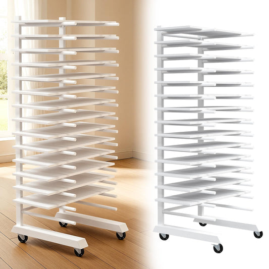 Colingmill 1 Pack 15 Tier Cabinet Doors Paint Drying Rack with Casters 16 in Rods 20 in Base White Powder Coated Iron Detachable Crossbars Space Saving for Painted Wood Panels Doors