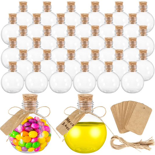 36 Pcs Spherical Plastic Potion Bottles - 3.4 Oz Sand Art Ball Bottle Set with Corks and Tags for DIY Crafts, Wedding Party Favor & Decorative Gifts