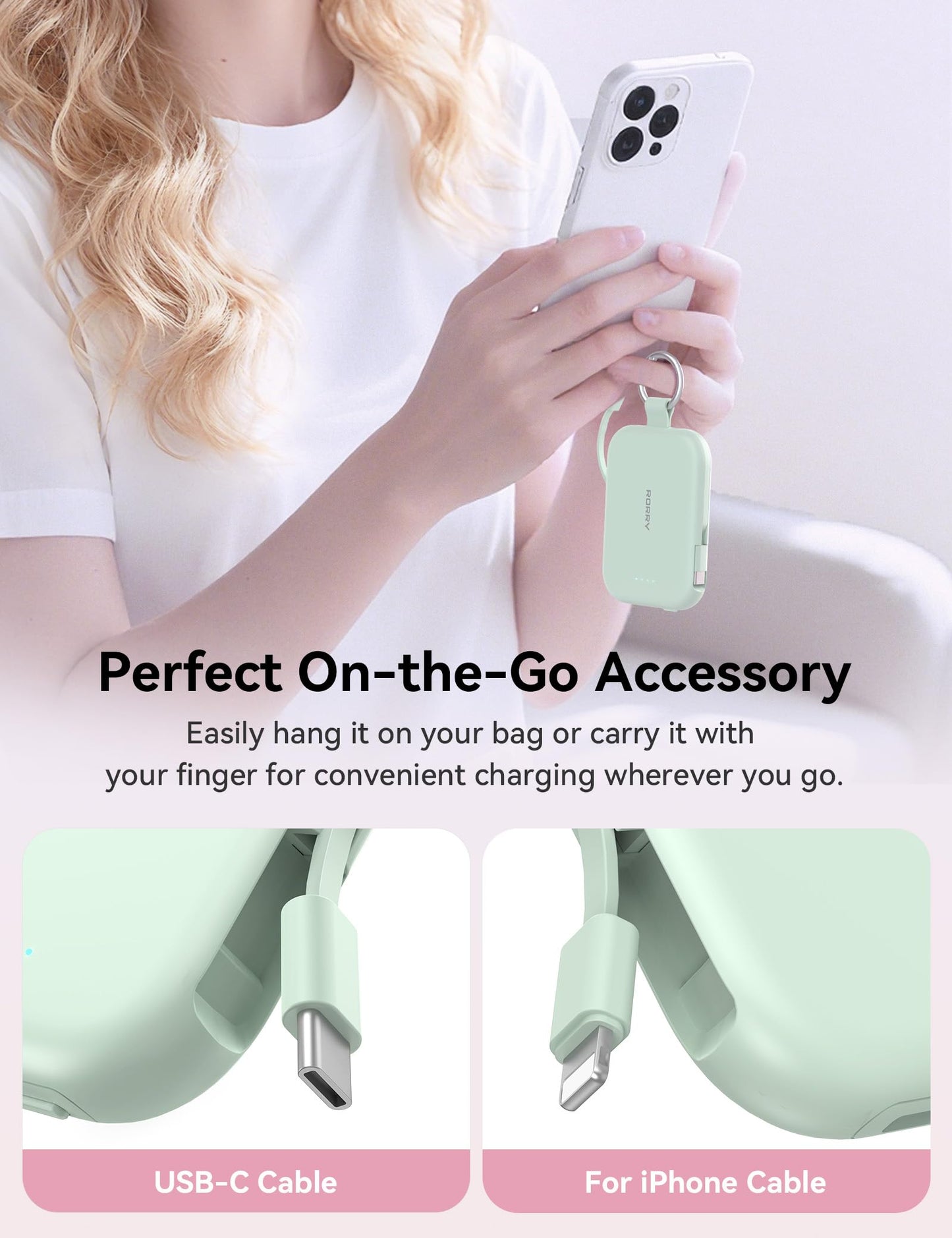 RORRY Portable Charger, 5000mAh Portable Charger Power Bank with Built-in Cables, Travel Keychain Charger Battery Pack for iPhone 17/16/15/14/13/12, for AirPods 2/3/4/Pro, Green