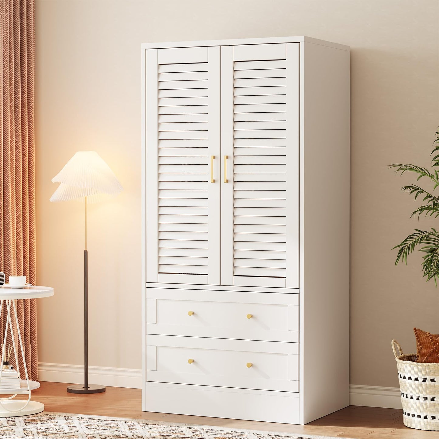 65" Louvered Armoire Wardrobe Closet, Wood Clothing Storage Cabinets with 2 Doors and 2 Drawers, Wooden Wardrobe Closet with Hanging Rod for Bedroom, Cloak Room, Laundry Room, Entrance Hall, White