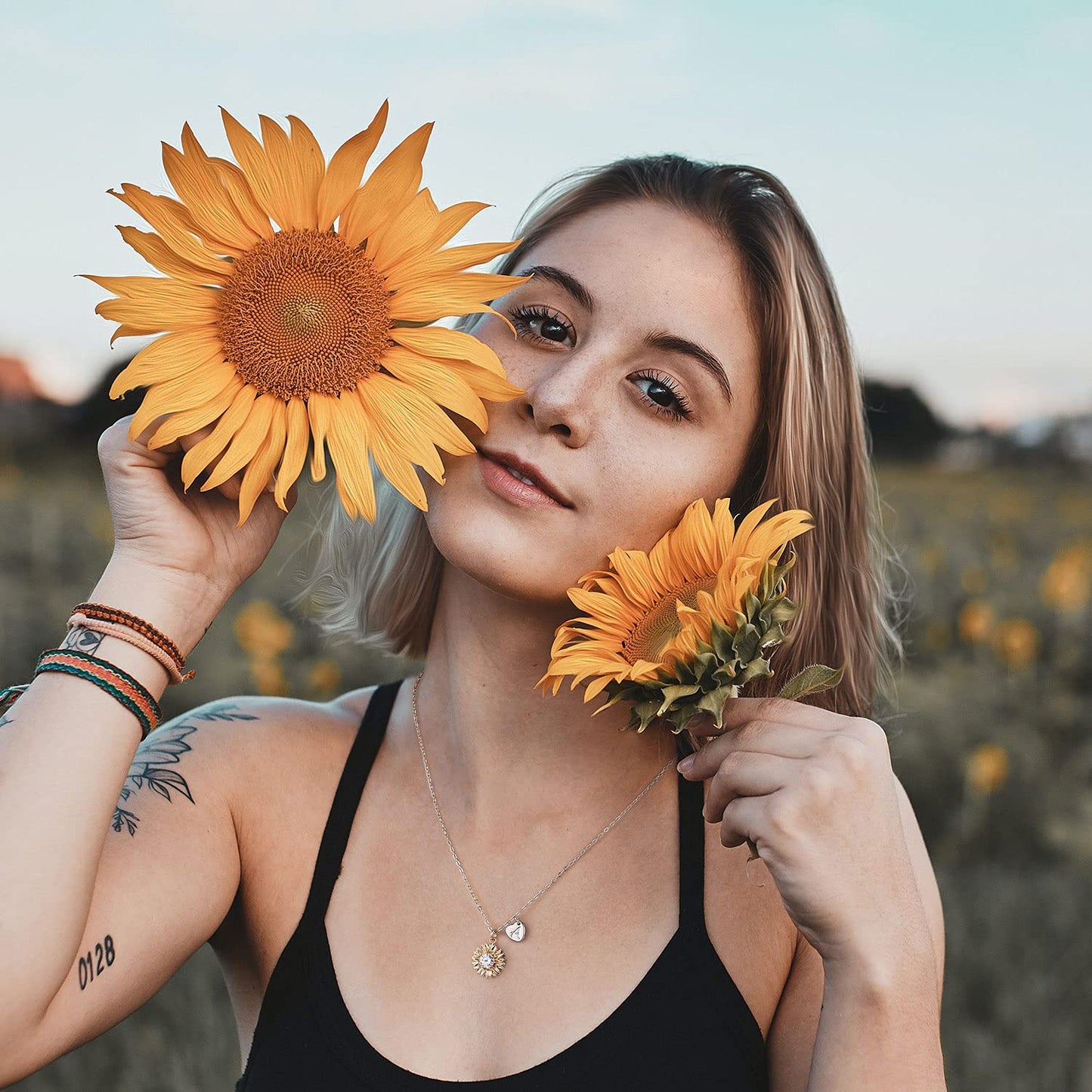 MONOZO Initial Sunflower Necklace for Women Trendy, 14k Gold Plated Sunflower Necklace Pendant CZ Heart Letter Initial J Necklace You Are My Sunshine Sunflower Gifts for Women Jewelry