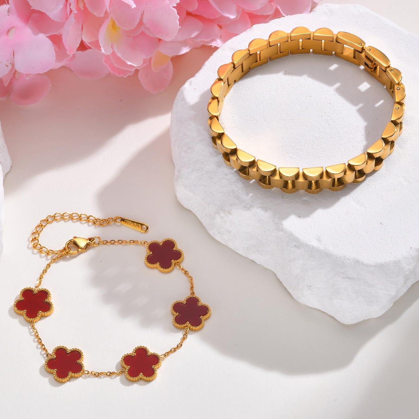 Stackable Gold Floral Bracelets Set , 2pcs 18K Gold Plated Bracelet Non-Tarnish,Stainless Steel Link Chain Friendship Bracelet,Watch Band Trendy Jewelry,Christmas Valentines Birthday Gifts for Women