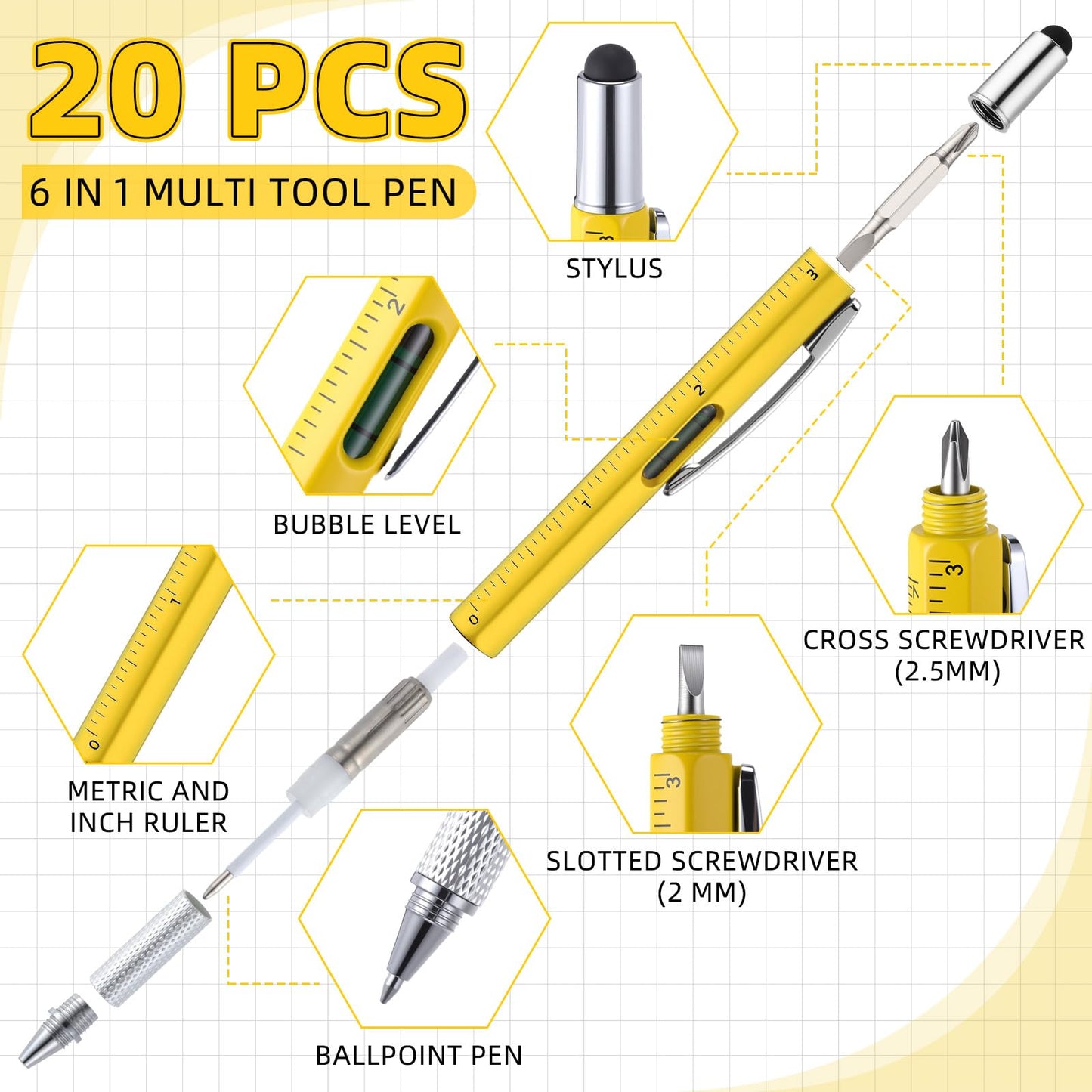 Vicenpal 40 Pcs Multitool Pens for Men Gifts 6 in 1 Screwdriver Multi Function Pens Credit Card Bulk Father's Day Multi-tool Gifts for Adult Men Dad Husband Male Coworker (Black,Yellow;silver)