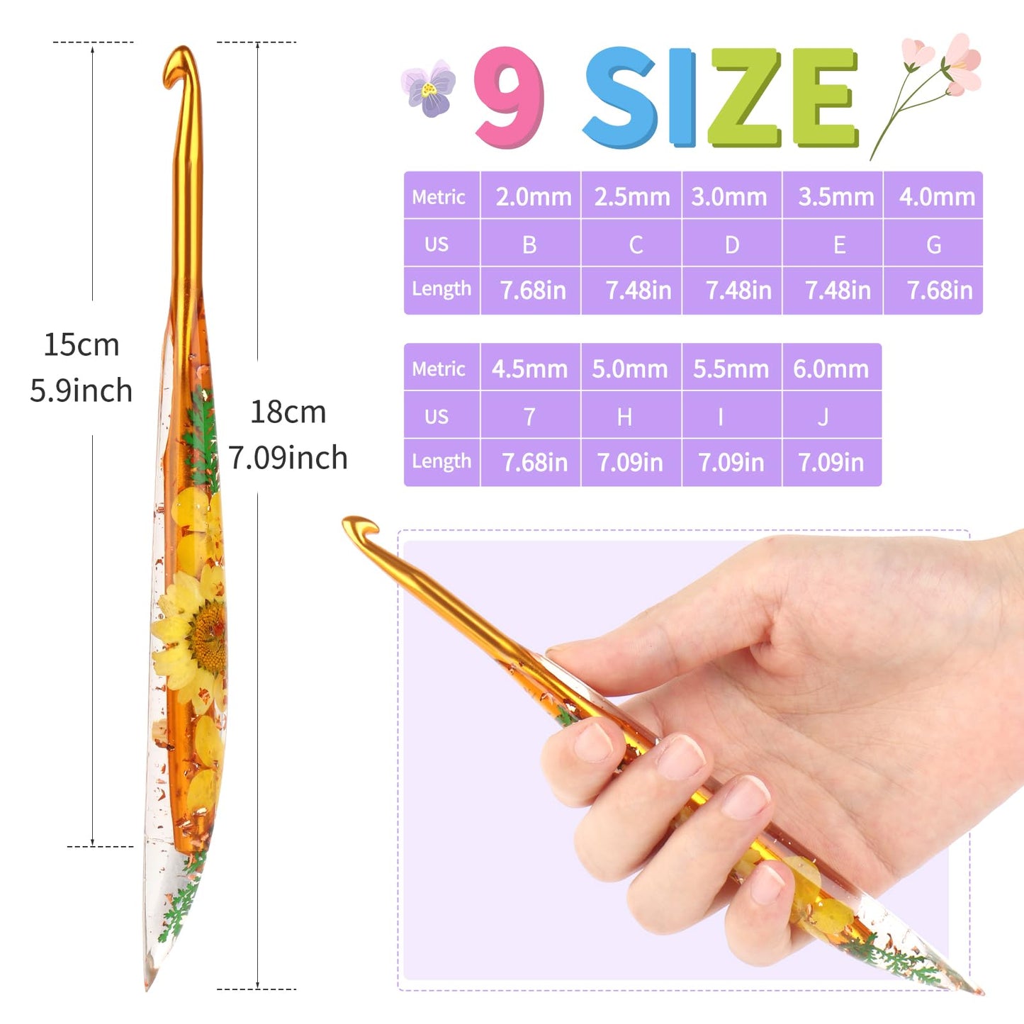 Coopay Crochet Hook Set, 9 PCS Crochet Hooks with Case (2.0mm-6.0mm), Floral Resin Grips - Beautiful & Ergonomic, Great for Crocheting Blankets, Dolls, Shawls, Hats, Scarves (B-J)