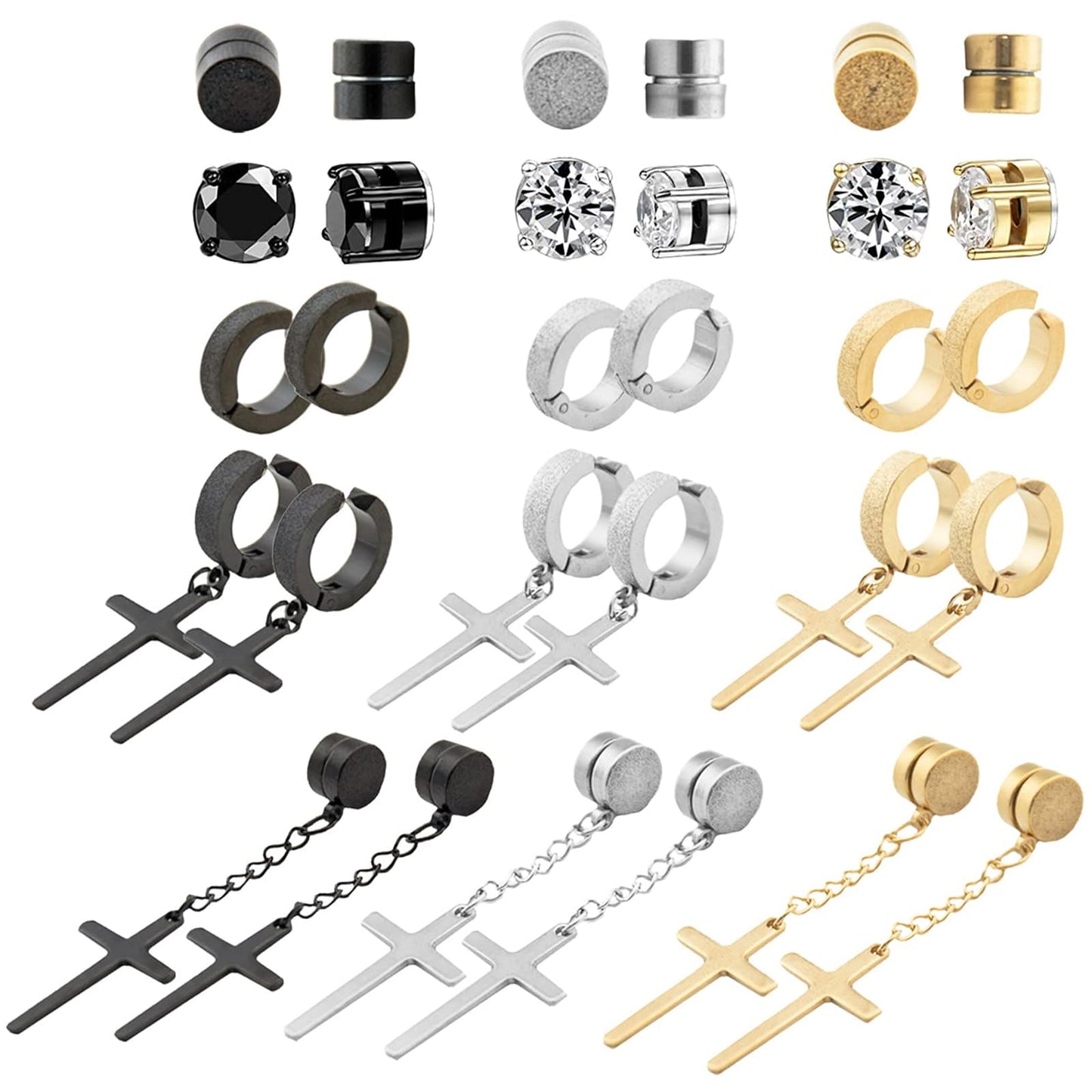 NEWITIN 15 Pairs Magnetic Stud Earrings for Men Clip on Earrings Stainless Steel Magnet Earring Unisex Dangle Cross CZ Hoop Magnetic Stud Earring Set for Men Women