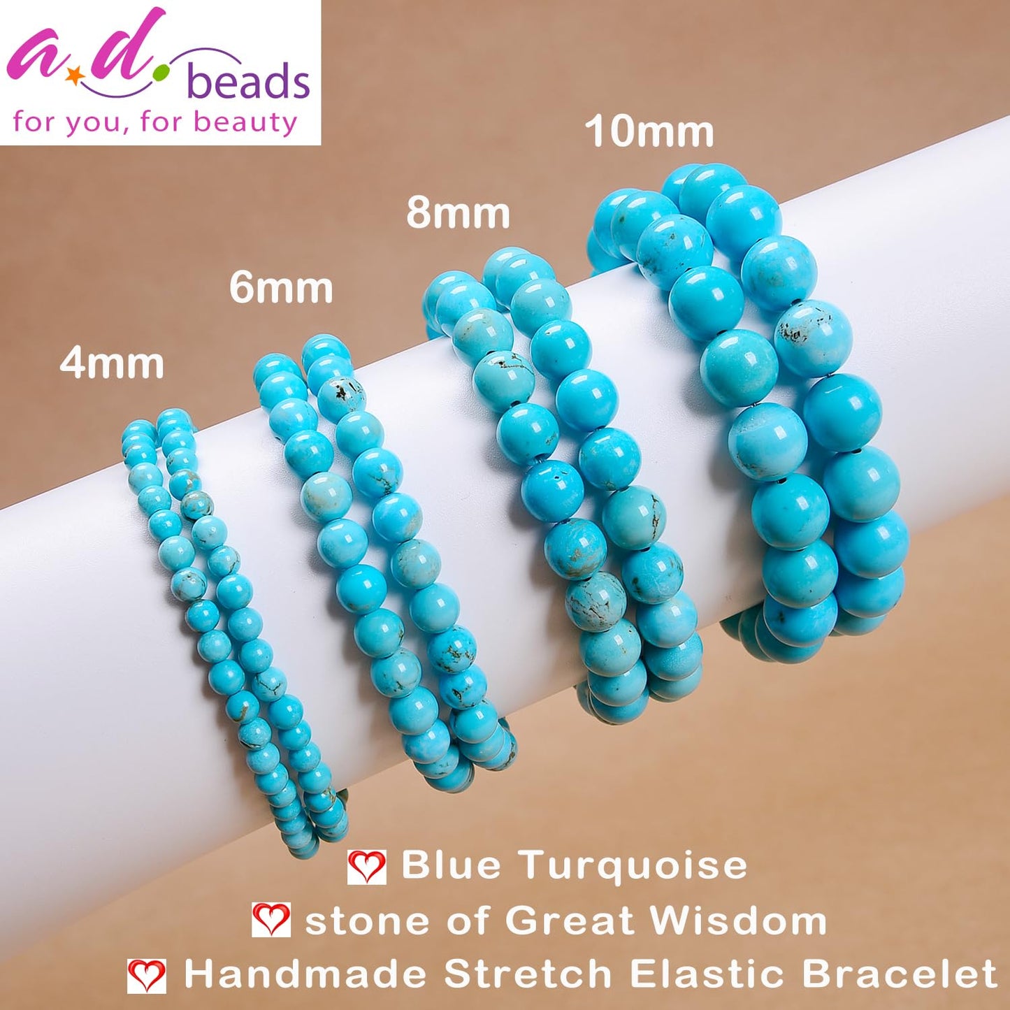 AD Beads Handmade Gemstone Stretch Elastic Bracelet Crystal Healing Reiki Nature's Beauty and Spiritual Essence Unisex (6mm, Blue Turquoise (Great Wisdom))