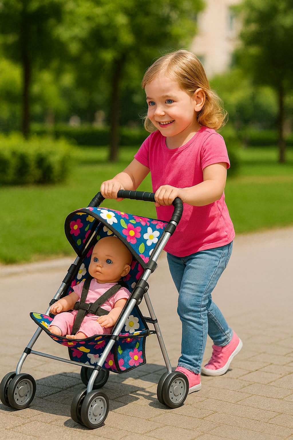 fash n kolor 4 Piece Baby Doll Play Set Flower Design Includes - Foldable Pack N Play, Baby Doll Stroller, Baby Doll High Chair, Infant Seat, Fits Up to 18'' Doll 4 Piece Doll Accessories Set
