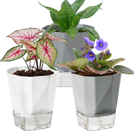 Samhe 3 Pack Self Watering Planter Pots, 4.9 Inch African Violet Pots for Indoor Outdoor Windowsill Gardens, Plant Pot with Wick Rope and Reservoir