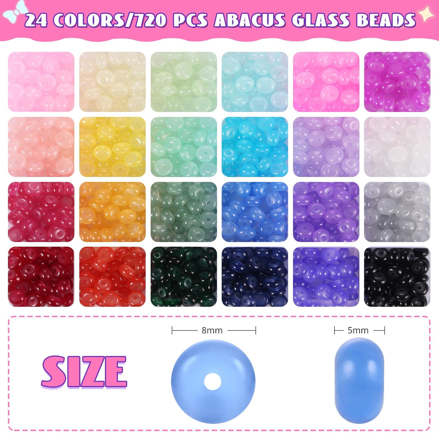 720pcs Abacus Glass Beads for Bracelet, Crystal Beads for Jewelry Making, 24 Colors Gemstone Rondelle Beads Spacer Bead for Bracelet Necklace DIY Crafts Jewelry Making, 5x8mm