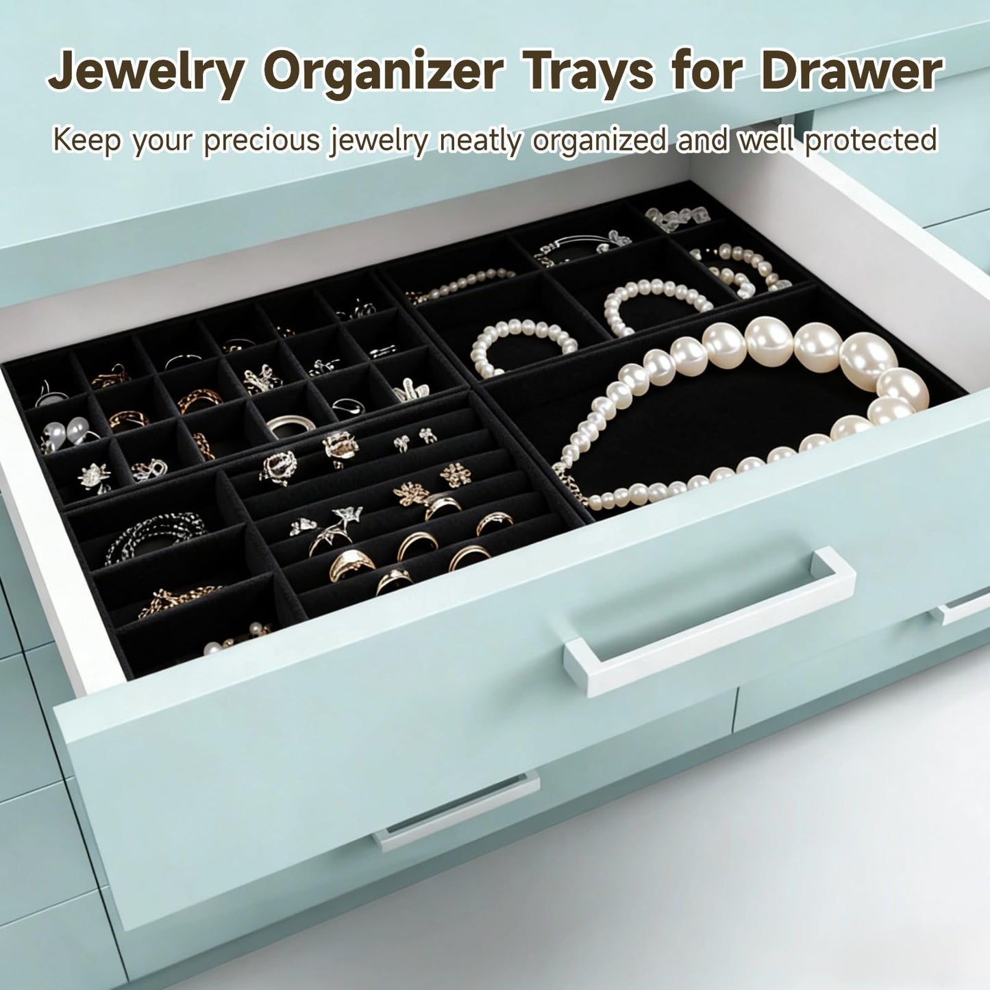 Homaisson Jewelry Drawer Organizer, Velvet Jewelry Tray, Multiple Compartment Layout, Set of 4 Jewelry Organizer for Rings, Earrings, Bracelets, Necklaces (Black)