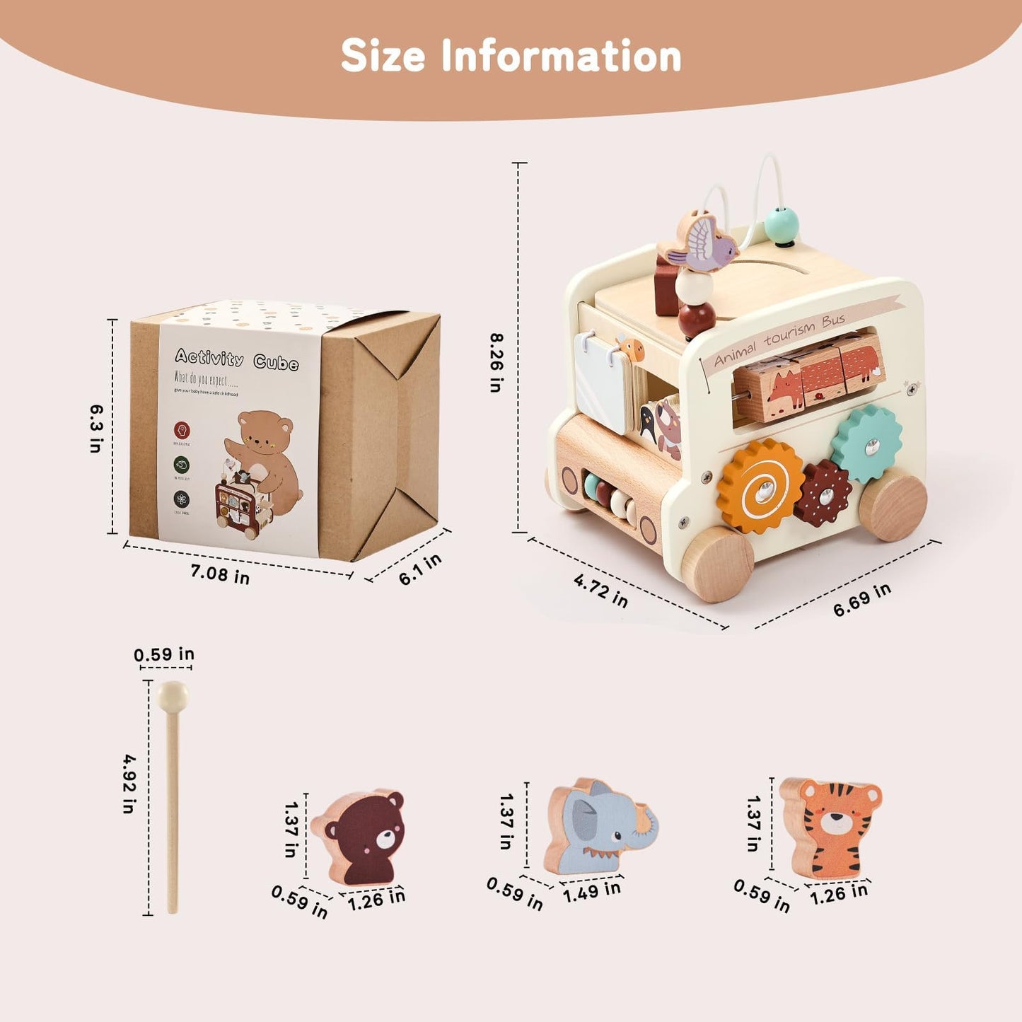 Etucdose Wooden Activity Cube 8-in-1 Montessori Toys | Multifunctional Early Educational Learning Toys | Wooden Toy for Baby Shape Sorter Xylophone Animal Travel Bus Boy Girl Birthday Gift（Beige Bus）