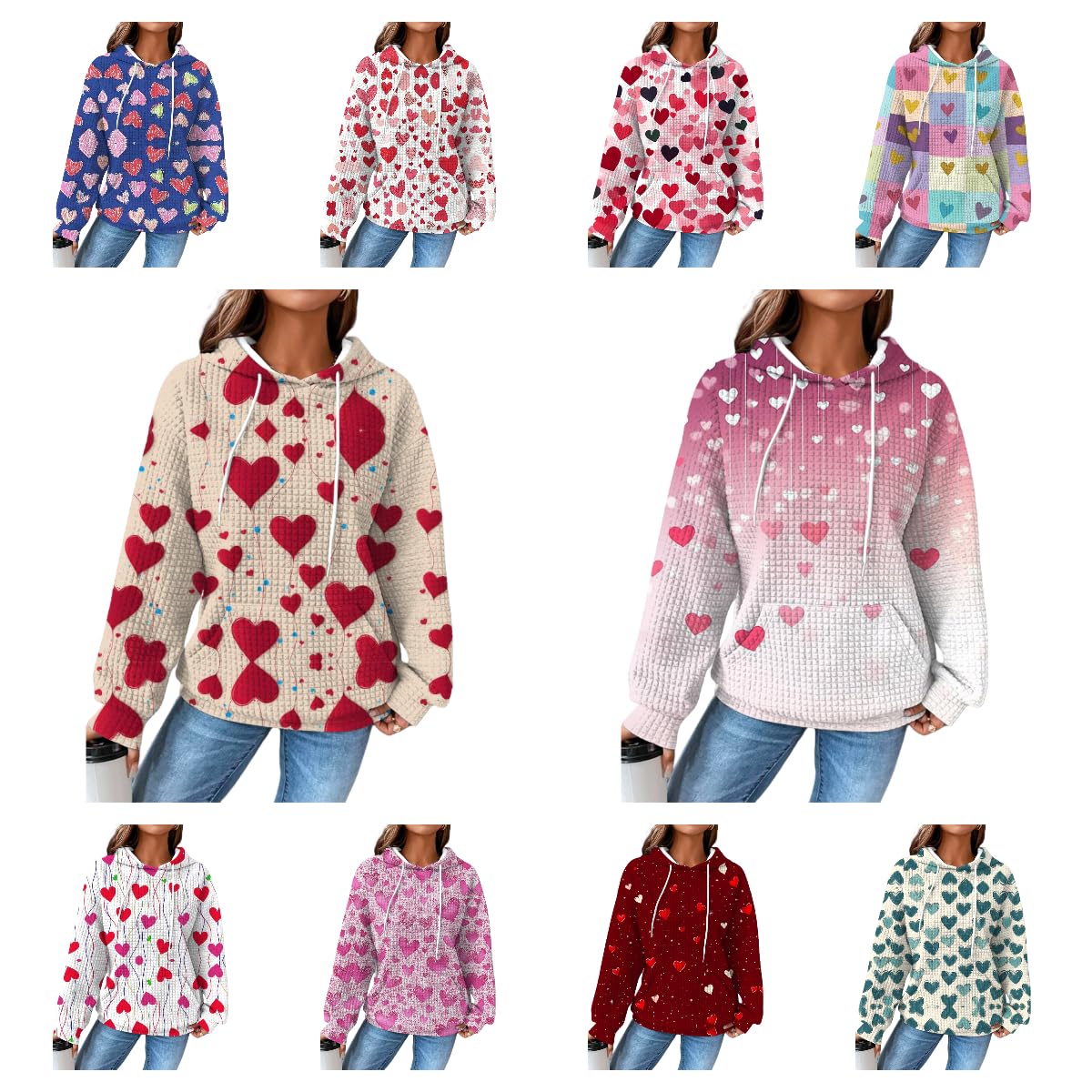Valentines Day Outfit Women Heart Print Pullover Waffle Outdoor Warm Oversized Clothing Fashion Hooded Sweatshirt 2025 Spring Fashion Casual Elegant Dressy Cute Graphic Hoodies With Pockets,4XL