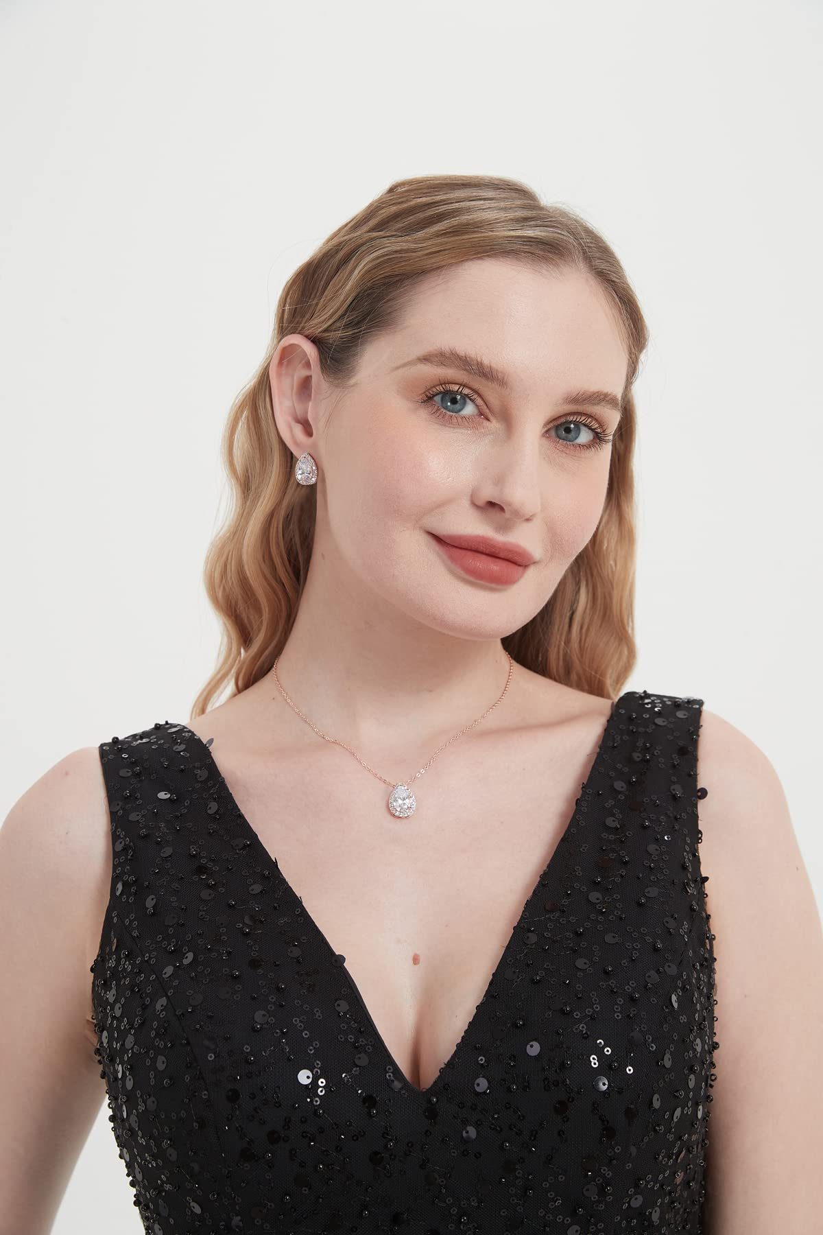 UDYLGOON Teardrop Cubic Zirconia Jewelry Set Necklace Earrings Bracelet Bridal Wedding Jewelry for Women Bridesmaid Prom Party (2 Set - Rose Gold Plated)