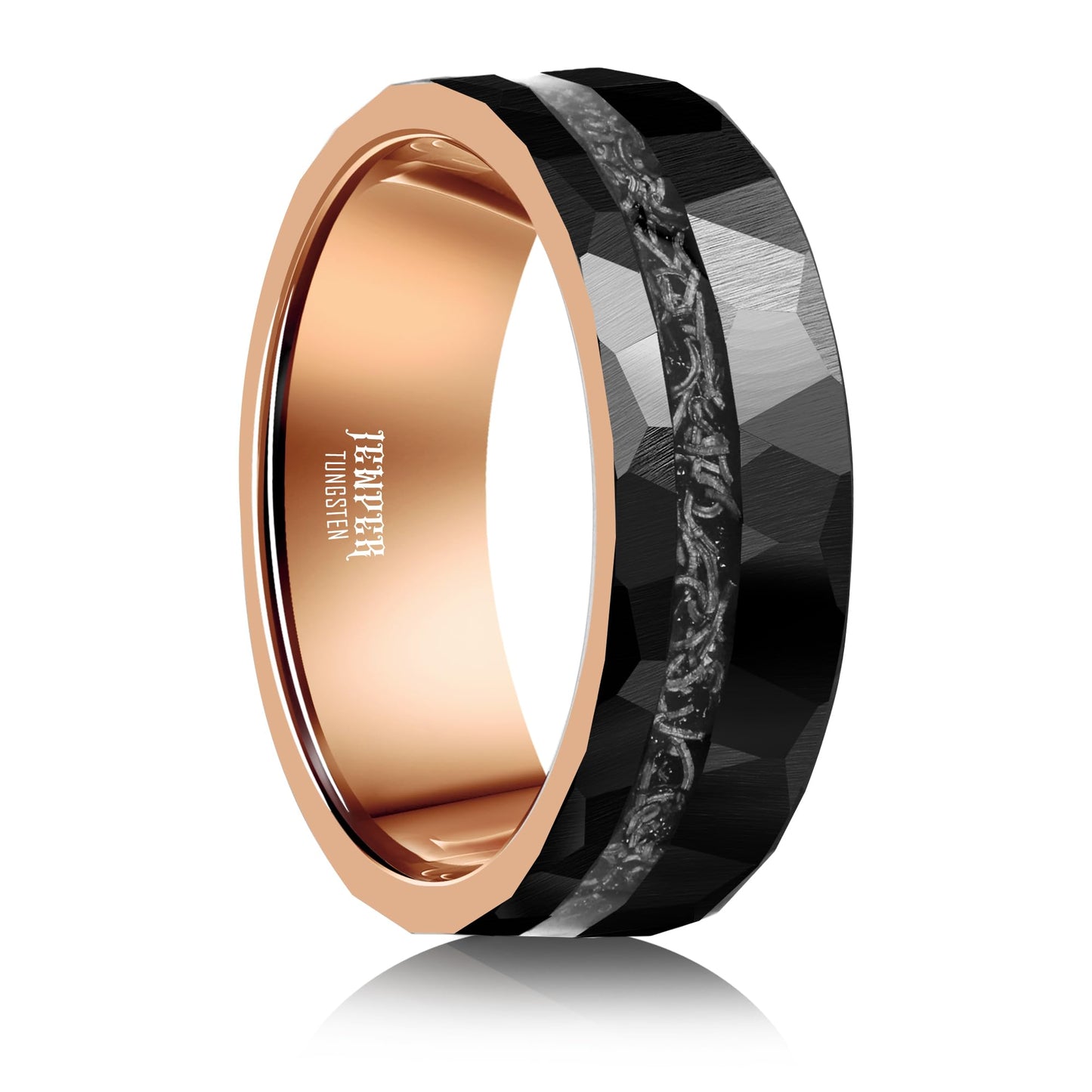 JEWPER 8mm Men Womens Wedding Band Tungsten Rings black rose gold Hammer pattern Fashion Promise Carbide Inlaid Iron Filings Matte Finish Edge Comfort Fit size(12)