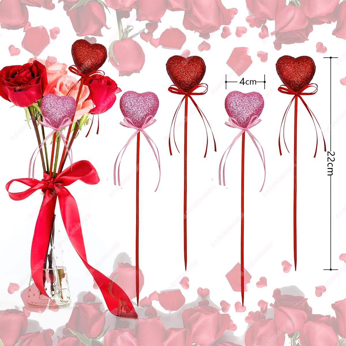 BASEMMAHER 12Pcs Valentine's Day Glitter Red Pink Puffy Heart Picks Foam Heart Picks Sparkly Sticks for Wedding Flower Arrangements Floral Bouquet Home Holiday Party Crafts Supplies Decorations