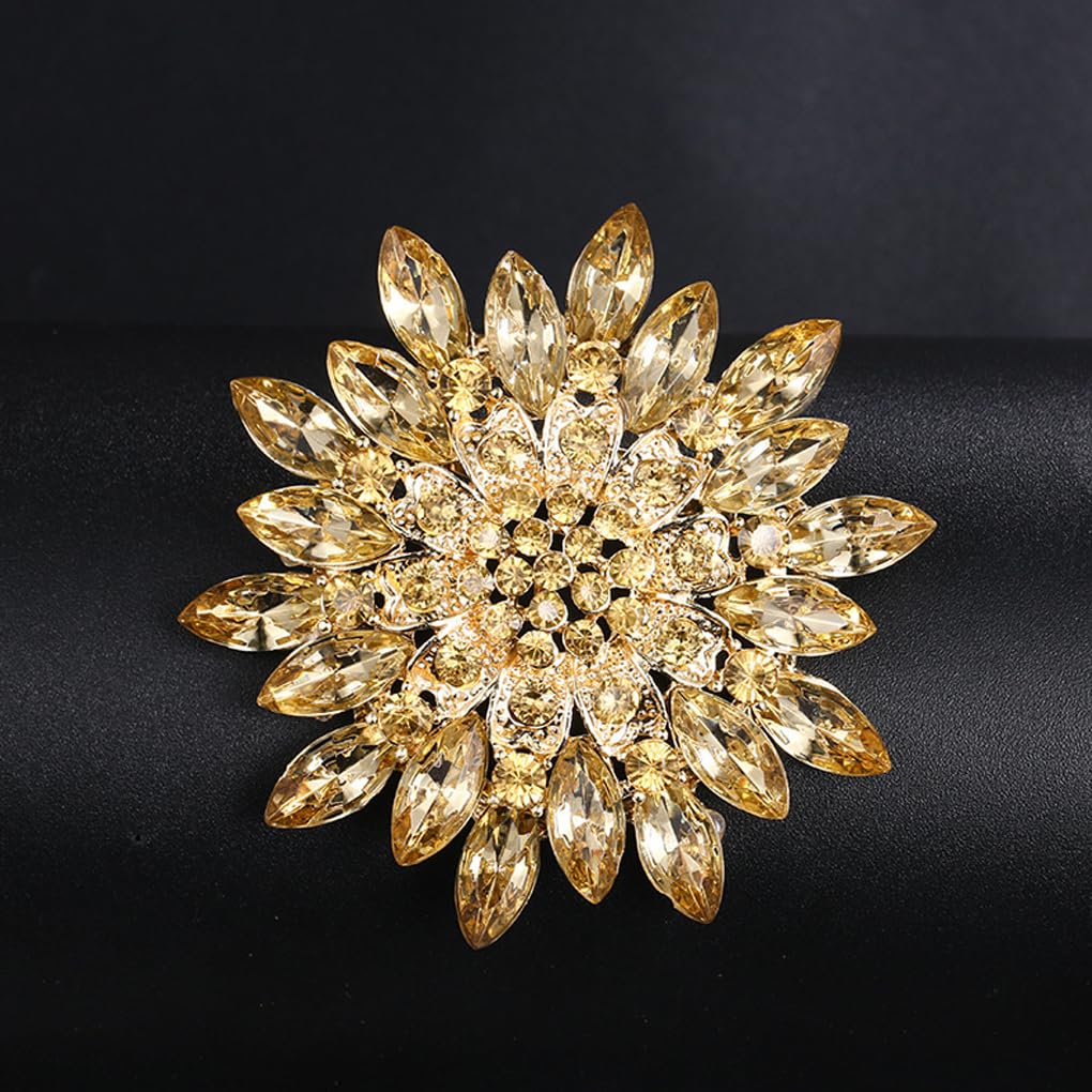 Rhinestone Large Flower Brooches Pins for Women Fashion Sparkly Crystal Sunflower Statement Brooch Unique Wedding Party Suit Dress Jewelry Accessories (Yellow)