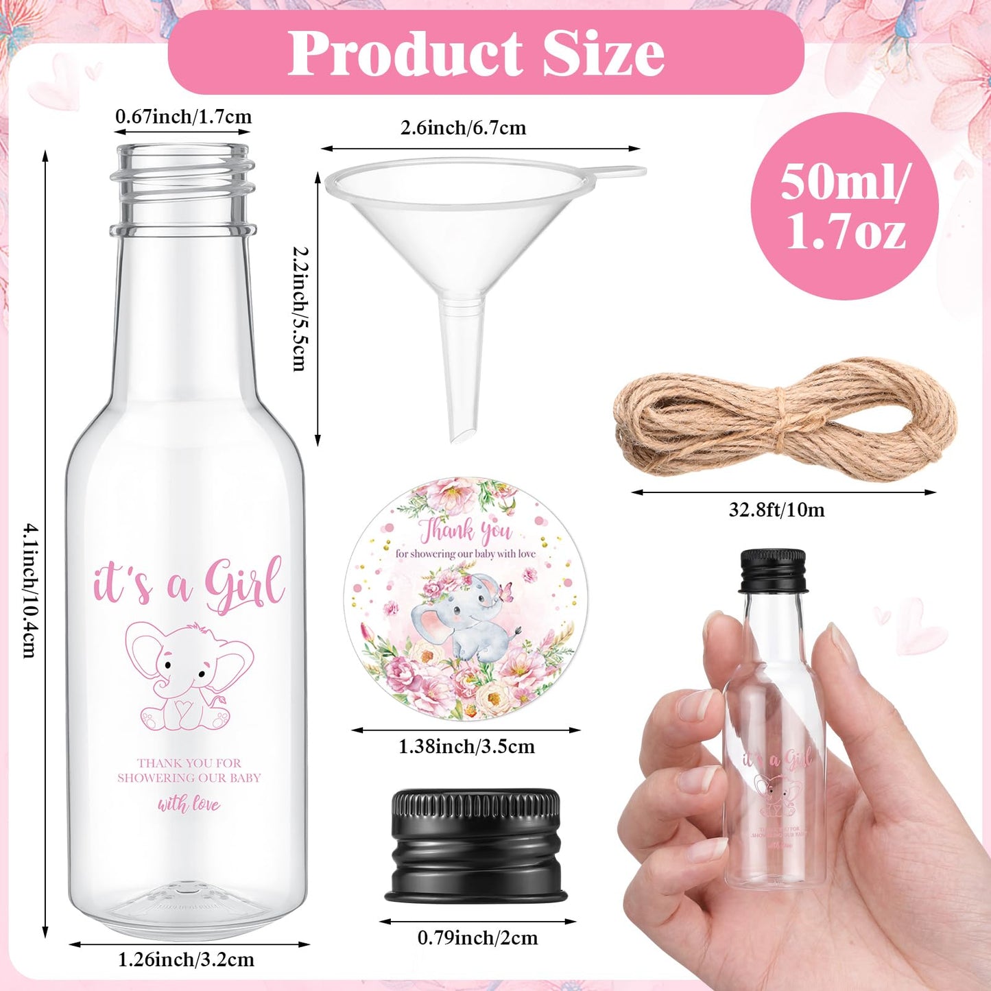 Funnymoom 50 Sets Elephant Party Favors for Guests 1.7oz/50ml Mini Liquor Bottles and Thank You Cards Funnels Plastic Empty Shot Bottles for Juice Alcohol Baby Shower Gender Reveal Party Gift