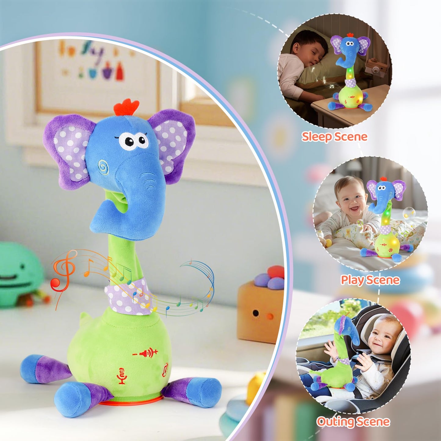 LLUKEME Dancing Talking Elephant Toy, Stuffed Animal Baby Toy Repeating What You Say, Easter Toys for Kids Glowing Musical Electronic with Wiggly Trunk Gifts for Toddlers 1-3 Years Old