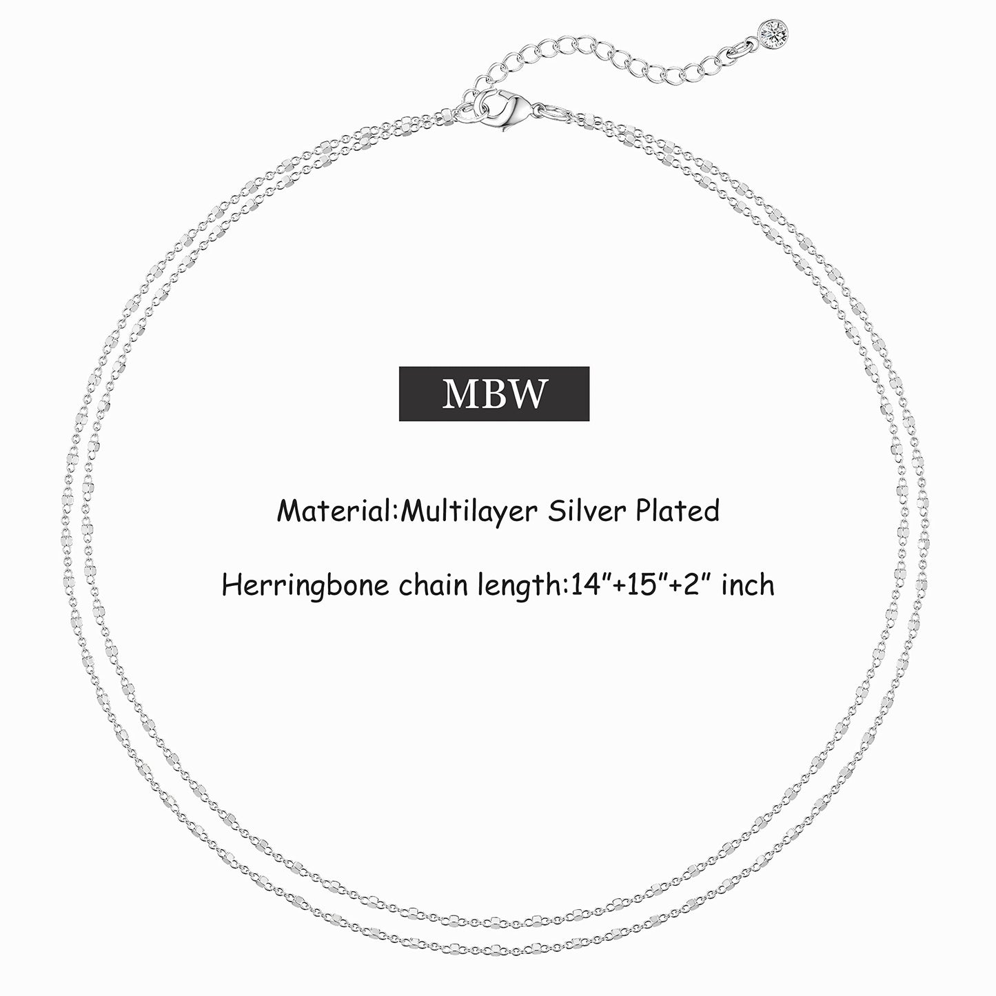 MBW Layered Necklaces for Women, Dainty Silver Plated Square Dot Choker Necklaces for Women Trendy Simple Silver Herringbone Thin Snake Chain Satellite Choker Necklace Silver Jewelry for Women