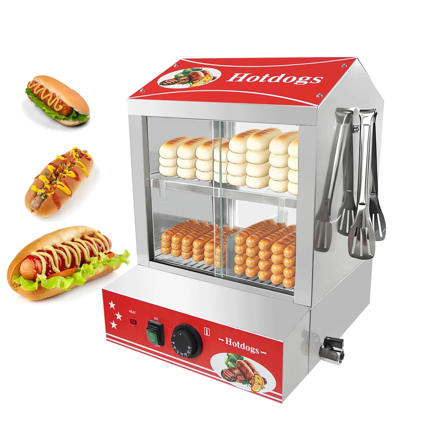 Sovtekr 27L/29 QT Hot Dog Steamer with Bun Warmer - Electric Steaming Machine 2-Tier Capacity for 175 Hot Dogs & 40 Buns, Visible Glass Slide Doors for Commercial Home Use