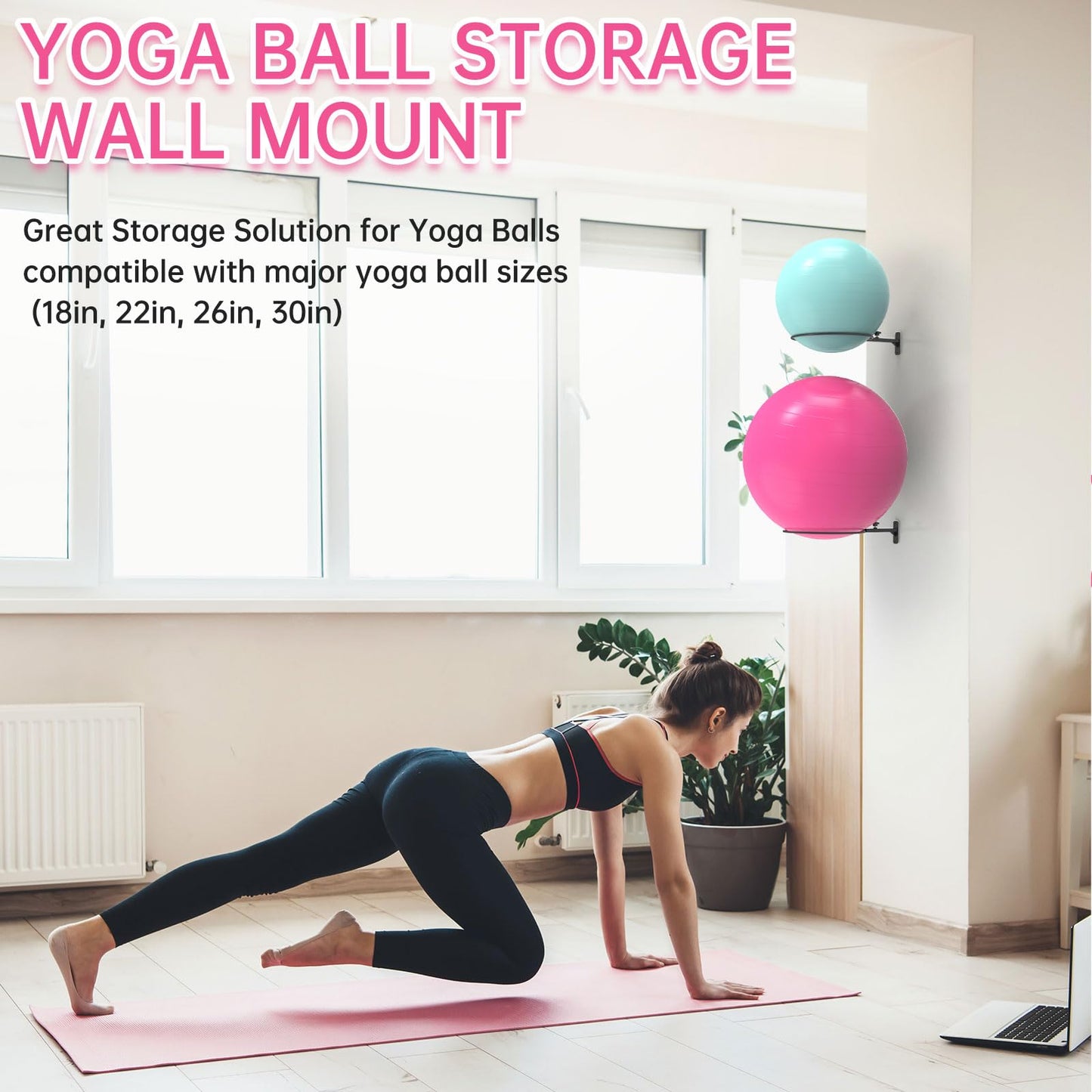 KOMOHOM 26" Exercise Ball Holder Wall Mount - Adjustable Yoga Ball Storage Rack for 14 to 30 Inch Stability Balls, Heavy-Duty Metal Balance Ball Wall Mount with 12-Inch Diameter Ring