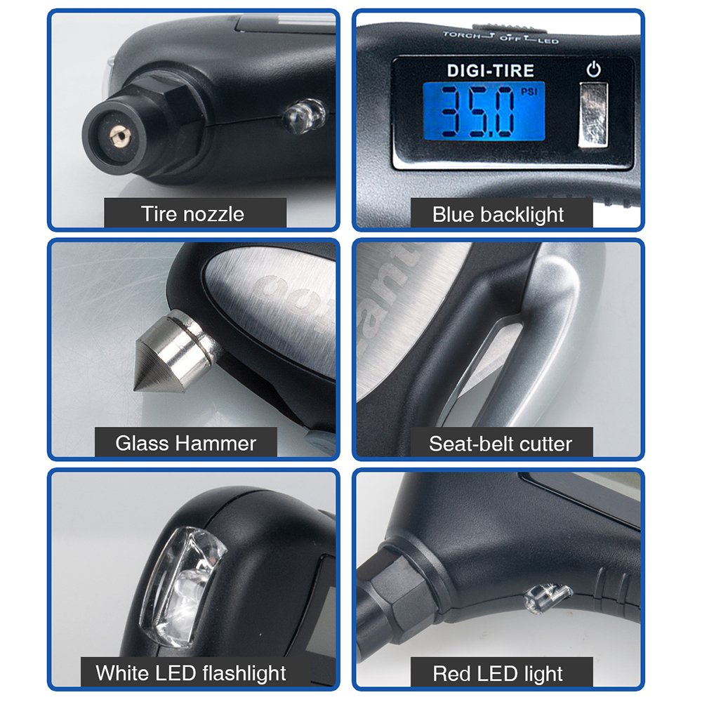 Lantoo Digital Tire Pressure Gauge 150 PSI – 5-in-1 Emergency Tool for Cars, Trucks & Bikes – Includes Seatbelt Cutter, Window Breaker, LED Flashlight & Red Safety Light - 1 Pack